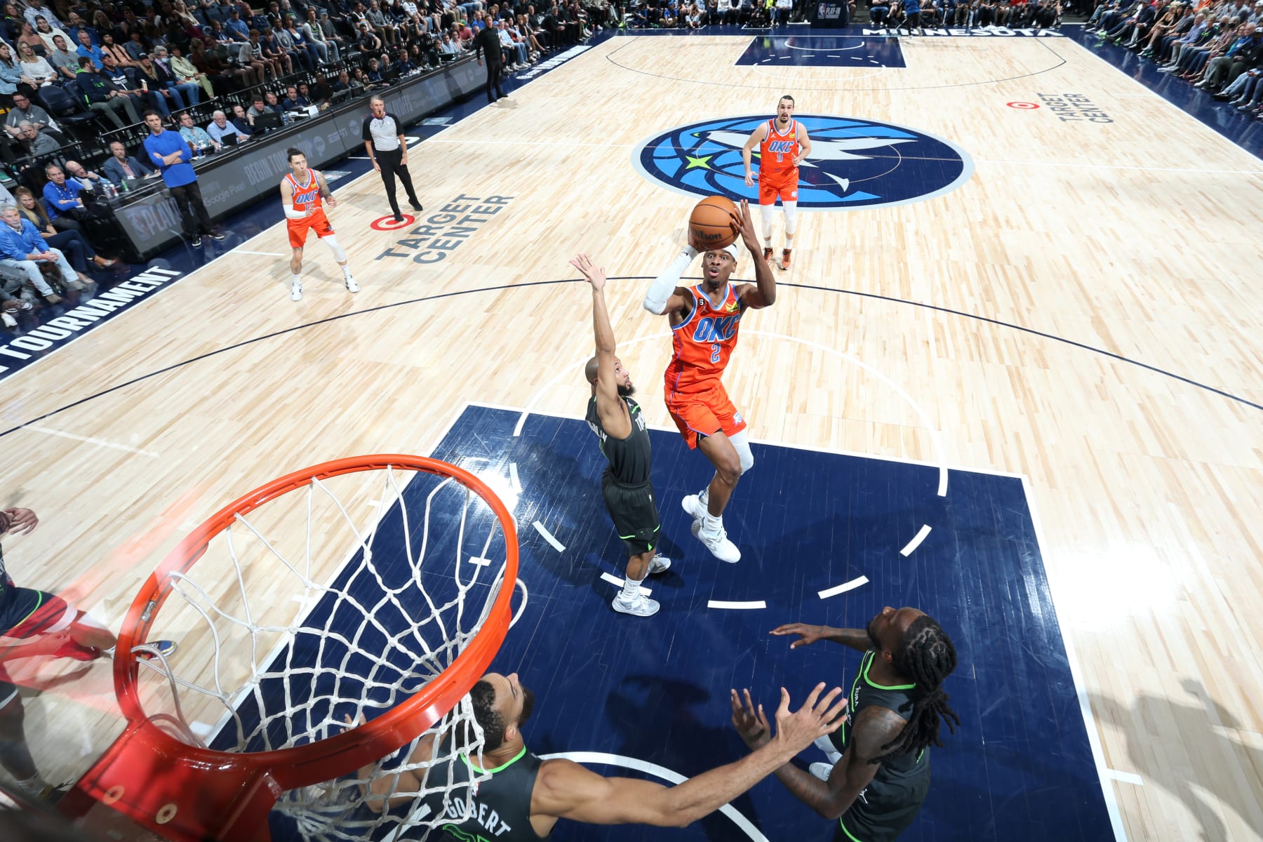 MINNEAPOLIS, MN -  APRIL 14: Shai Gilgeous-Alexander #2 of the Oklahoma City Thunder shoots the ball during the game against the Minnesota Timberwolves during the 2023 Play-In Tournament on April 14, 2023 at Target Center in Minneapolis, Minnesota. NOTE TO USER: User expressly acknowledges and agrees that, by downloading and or using this Photograph, user is consenting to the terms and conditions of the Getty Images License Agreement. Mandatory Copyright Notice: Copyright 2023 NBAE (Photo by David Sherman/NBAE via Getty Images)