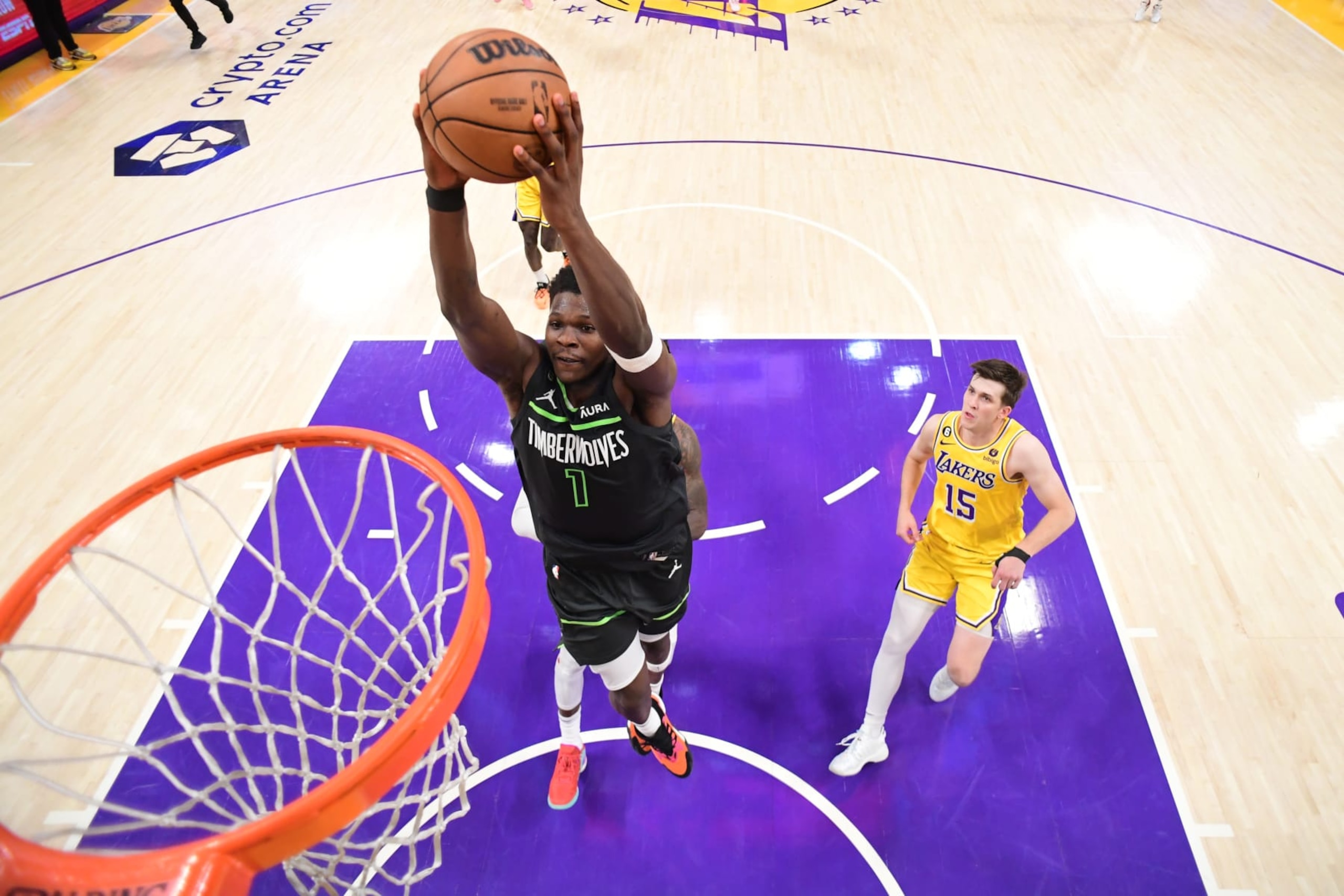 LOS ANGELES, CA - APRIL 11: Anthony Edwards #1 of the Minnesota Timberwolves drives to the basket during the game against the Los Angeles Lakers during the 2023 Play-In Tournament on April 11, 2023 at Crypto.Com Arena in Los Angeles, California. NOTE TO USER: User expressly acknowledges and agrees that, by downloading and/or using this Photograph, user is consenting to the terms and conditions of the Getty Images License Agreement. Mandatory Copyright Notice: Copyright 2023 NBAE (Photo by Adam Pantozzi/NBAE via Getty Images)