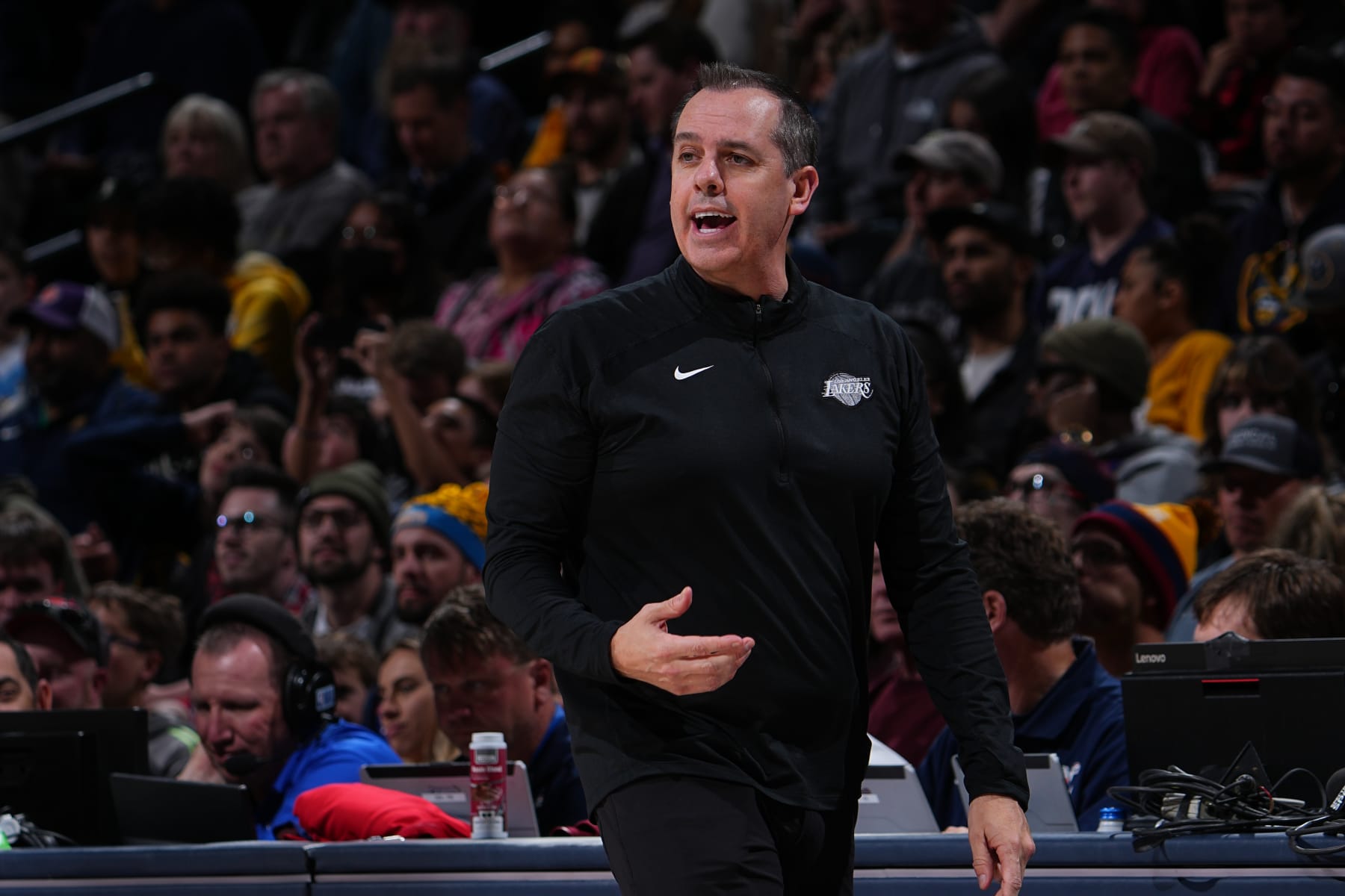 DENVER, CO - APRIL 10: Head Coach Frank Vogel of the Los Angeles Lakers looks on during the game against the Denver Nuggets on April 1, 2022 at the Ball Arena in Denver, Colorado. NOTE TO USER: User expressly acknowledges and agrees that, by downloading and/or using this Photograph, user is consenting to the terms and conditions of the Getty Images License Agreement. Mandatory Copyright Notice: Copyright 2022 NBAE (Photo by Bart Young/NBAE via Getty Images)