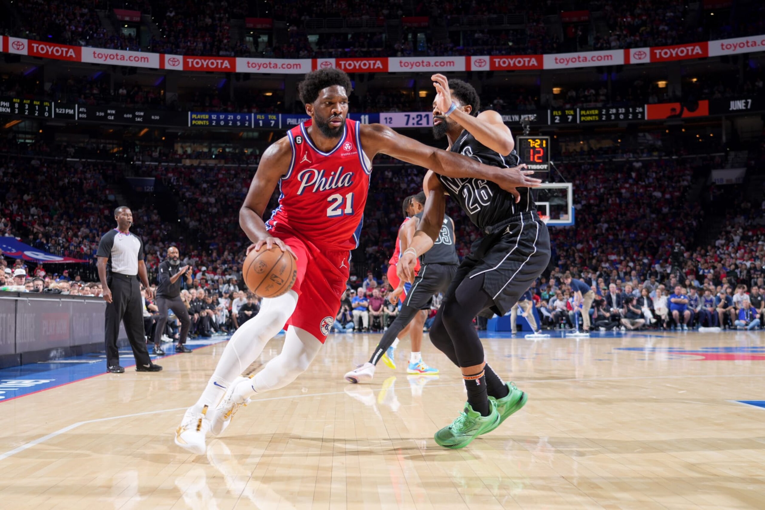 PHILADELPHIA, PA - APRIL 15: Joel Embiid #21 of the Philadelphia 76ers dribbles the ball during the game against the Brooklyn Nets during Round 1 Game 1 of the 2023 NBA Playoffs on April 15, 2023 at the Wells Fargo Center in Philadelphia, Pennsylvania NOTE TO USER: User expressly acknowledges and agrees that, by downloading and/or using this Photograph, user is consenting to the terms and conditions of the Getty Images License Agreement. Mandatory Copyright Notice: Copyright 2023 NBAE (Photo by Jesse D. Garrabrant/NBAE via Getty Images)