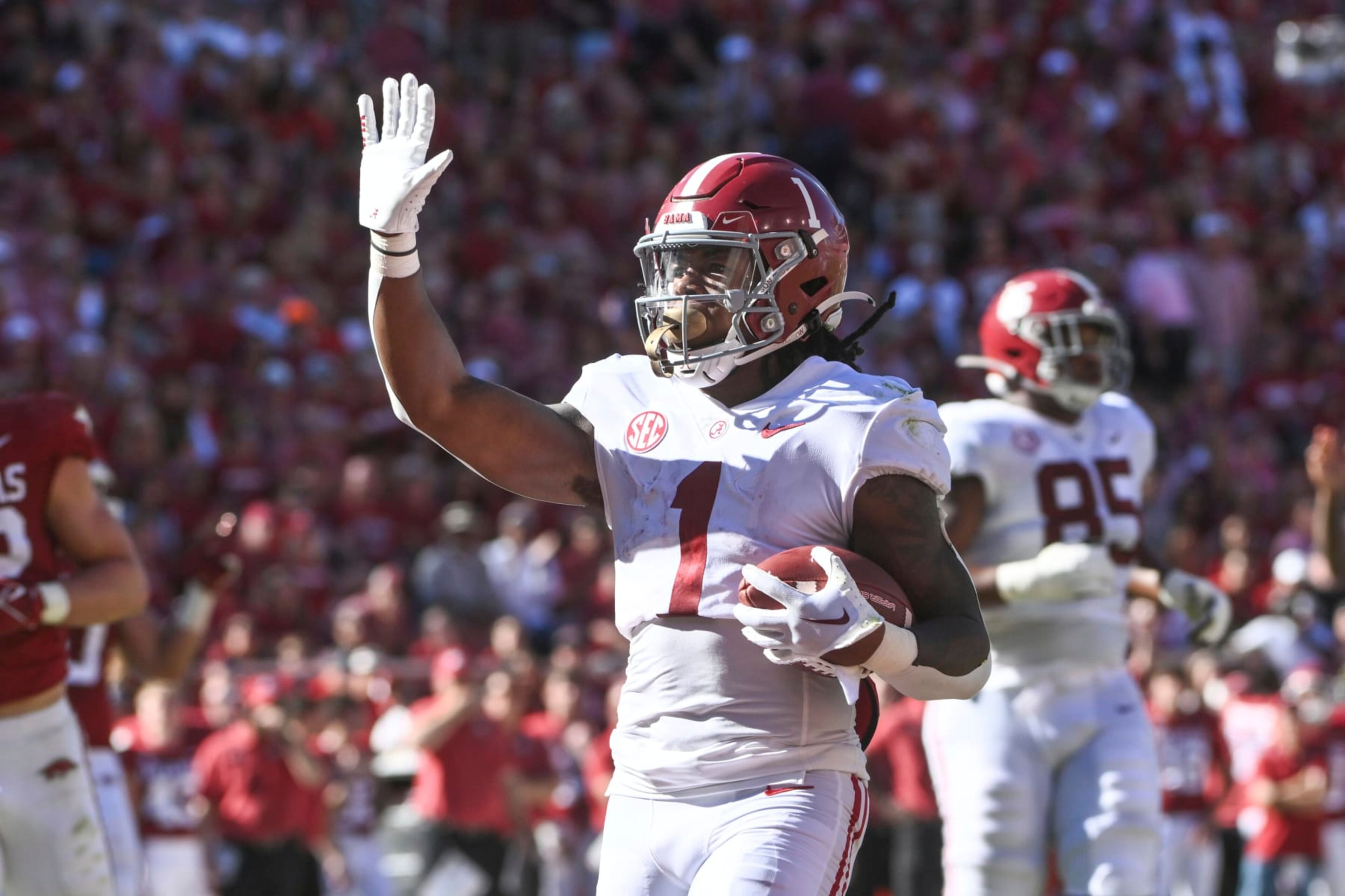 Alabama running back Jahmyr Gibbs (1) against Arkansas during an NCAA college football game Saturday, Oct. 1, 2022, in Fayetteville, Ark. (AP Photo/Michael Woods) Alabama running back Jahmyr Gibbs (1) against Arkansas during an NCAA college football game Saturday, Oct. 1, 2022, in Fayetteville, Ark. (AP Photo/Michael Woods)