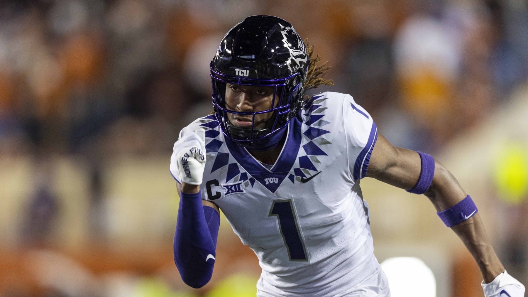 TCU wide receiver Quentin Johnston (1) runs a route against Texas during the second half of an NCAA college football game Saturday, Nov. 12, 2022, in Austin, Texas. (AP Photo/Stephen Spillman)