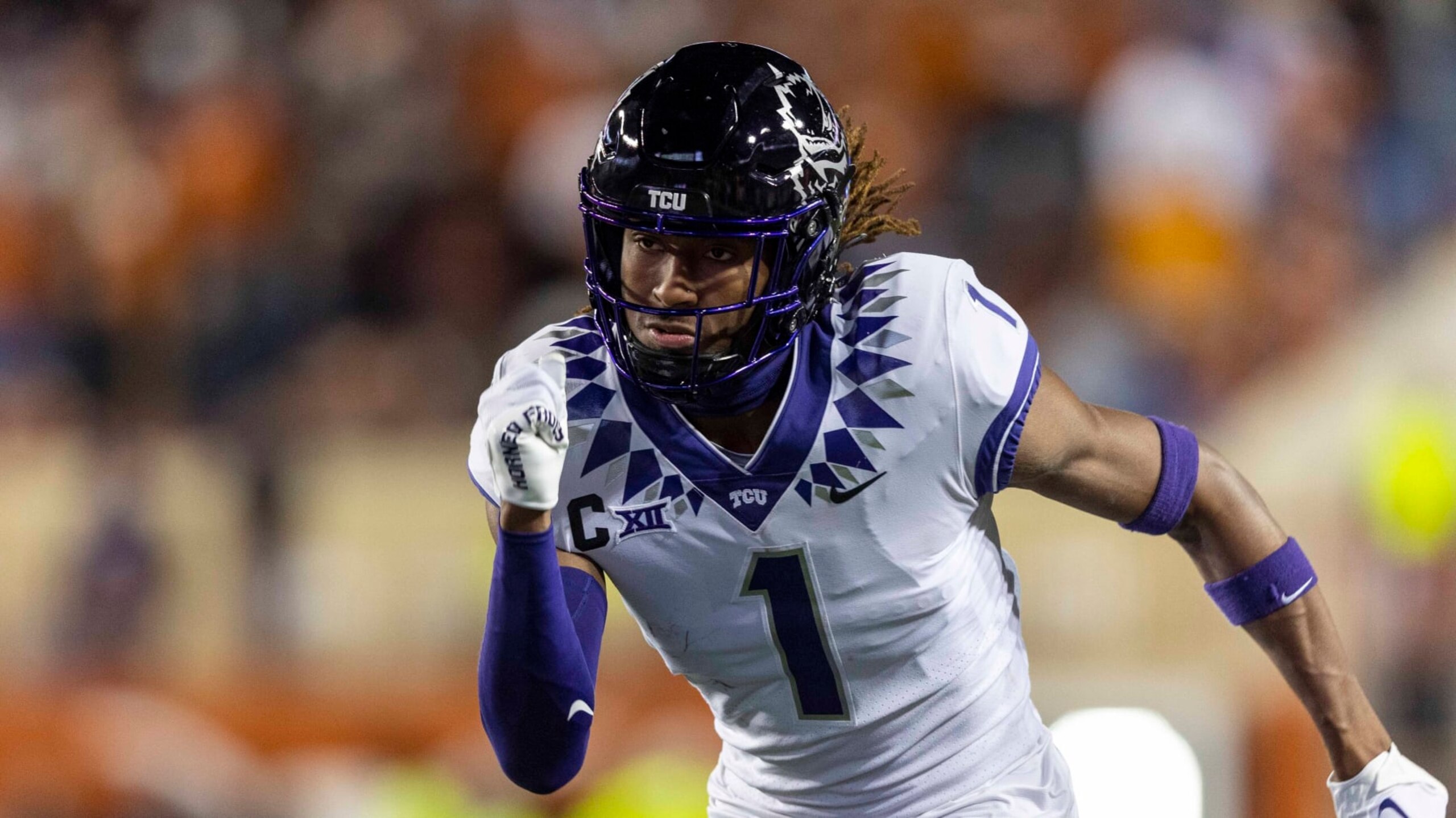 TCU wide receiver Quentin Johnston (1) runs a route against Texas during the second half of an NCAA college football game Saturday, Nov. 12, 2022, in Austin, Texas. (AP Photo/Stephen Spillman)
