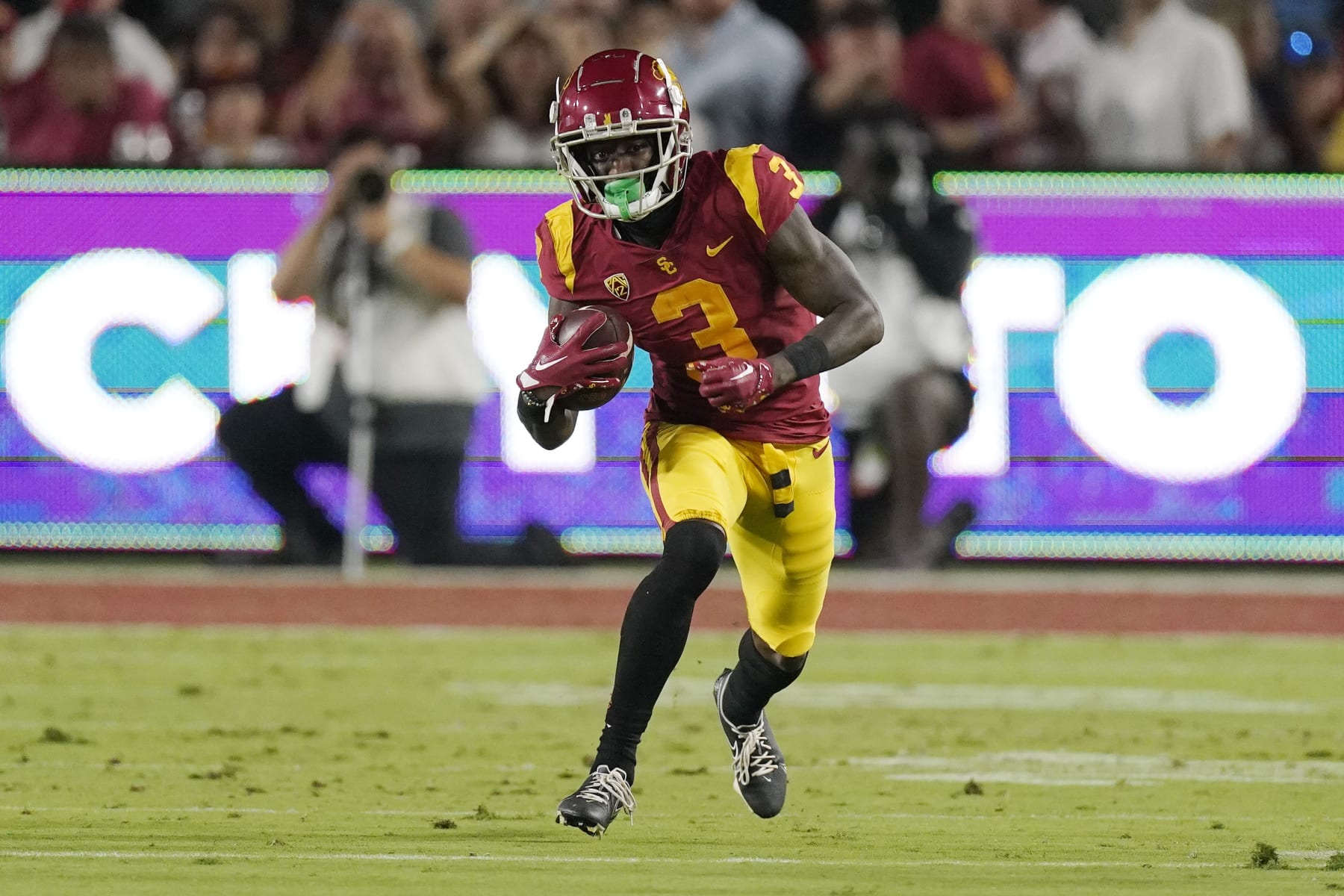 Southern California wide receiver Jordan Addison runs the ball during the first half of an NCAA college football game against Fresno State Saturday, Sept. 17, 2022, in Los Angeles. (AP Photo/Mark J. Terrill)