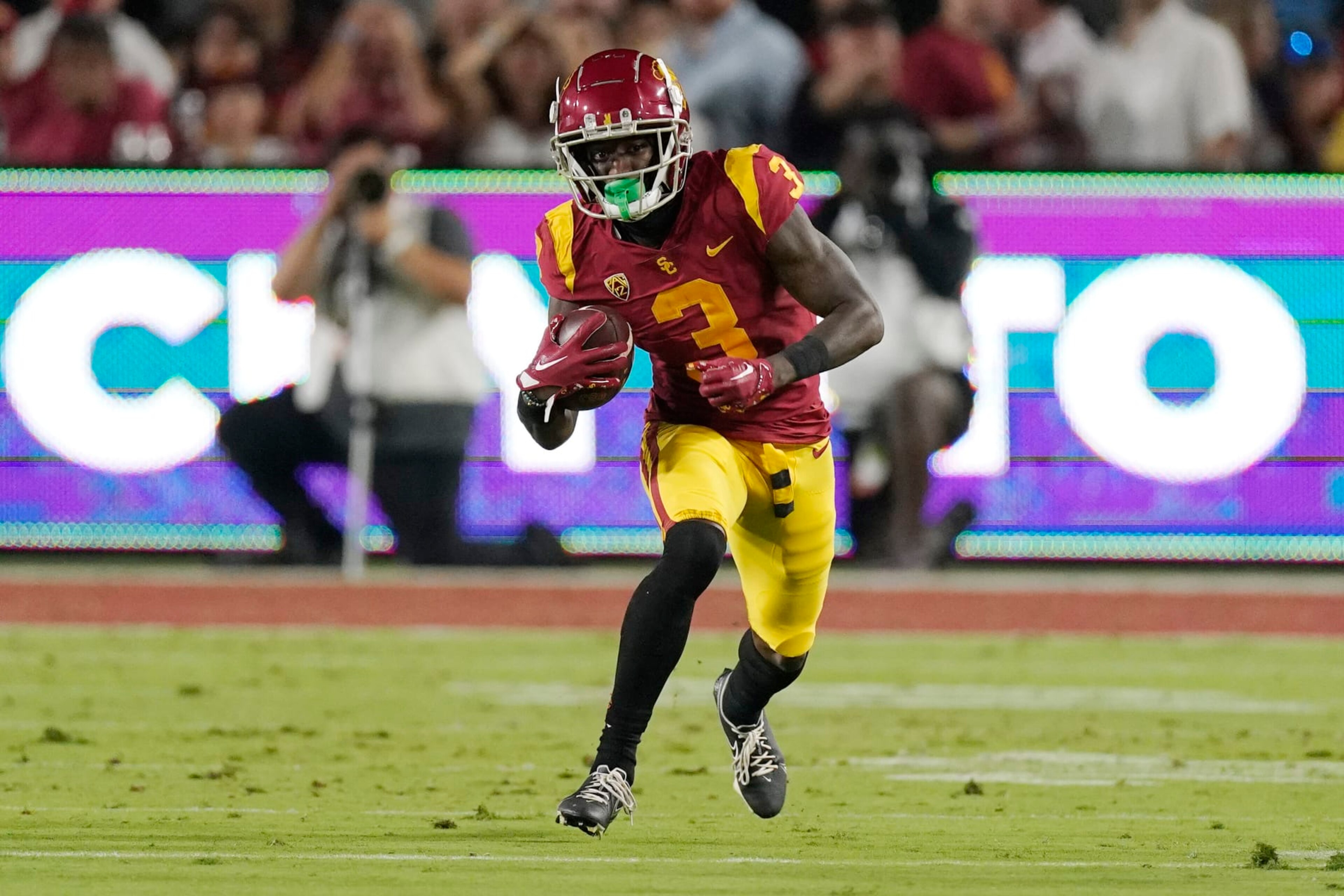 Southern California wide receiver Jordan Addison runs the ball during the first half of an NCAA college football game against Fresno State Saturday, Sept. 17, 2022, in Los Angeles. (AP Photo/Mark J. Terrill) Southern California wide receiver Jordan Addison runs the ball during the first half of an NCAA college football game against Fresno State Saturday, Sept. 17, 2022, in Los Angeles. (AP Photo/Mark J. Terrill)
