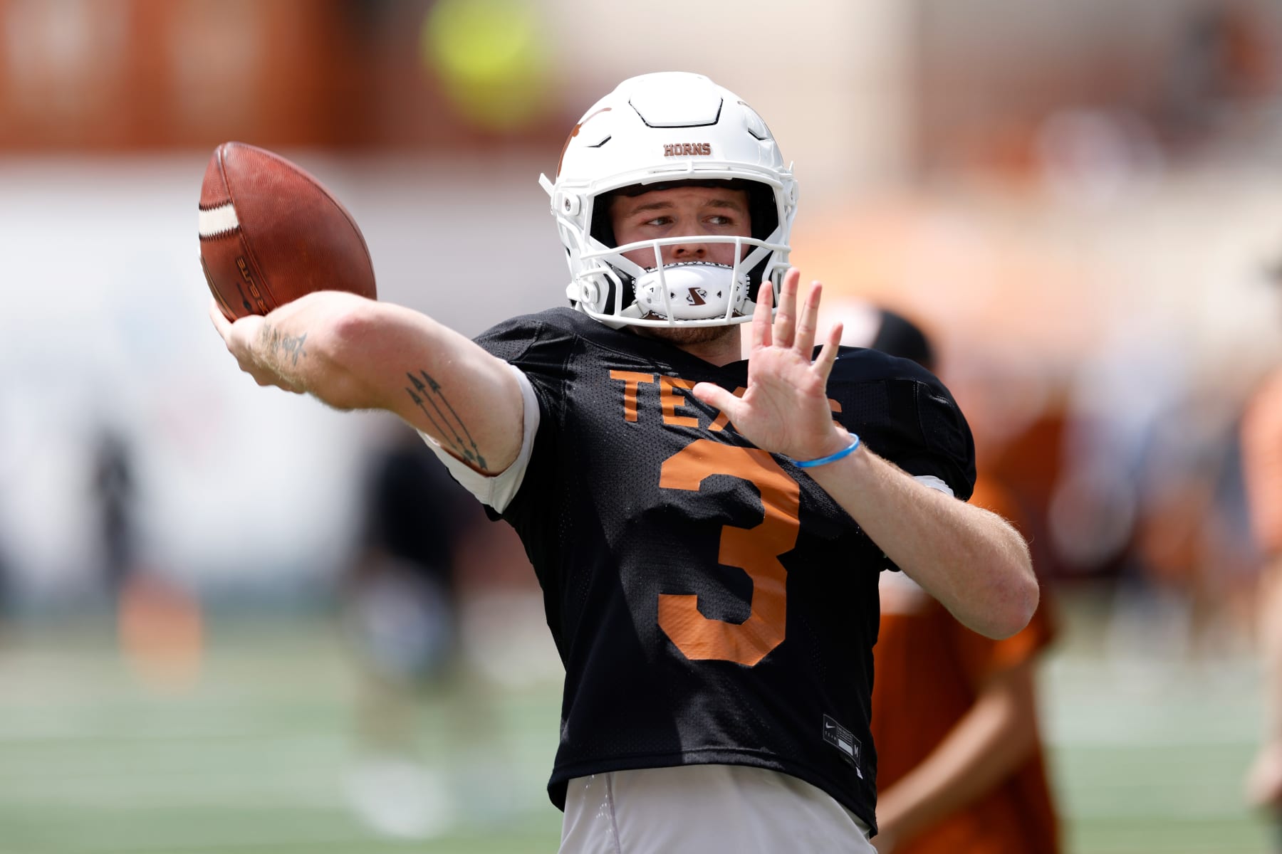 AUSTIN, TEXAS - APRIL 15: Quinn Ewers #3 of the Texas Longhorns warms up before the Texas Football Orange-White Spring Football Game at Darrell K Royal-Texas Memorial Stadium on April 15, 2023 in Austin, Texas. (Photo by Tim Warner/Getty Images)
