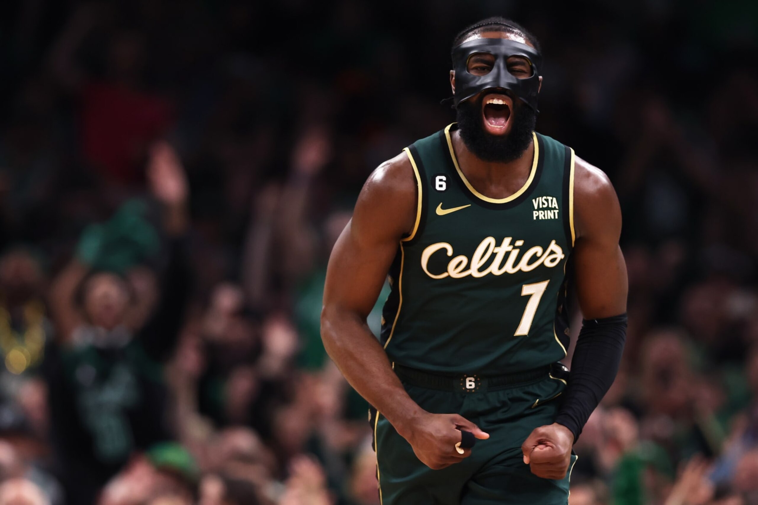 BOSTON, MASSACHUSETTS - APRIL 15: Jaylen Brown #7 of the Boston Celtics celebrates after scoring against the Atlanta Hawks during the second quarter of Game One of the Eastern Conference First Round Playoffs between the Boston Celtics and the Atlanta Hawks at TD Garden on April 15, 2023 in Boston, Massachusetts. NOTE TO USER: User expressly acknowledges and agrees that, by downloading and or using this photograph, User is consenting to the terms and conditions of the Getty Images License Agreement.  (Photo by Maddie Meyer/Getty Images)