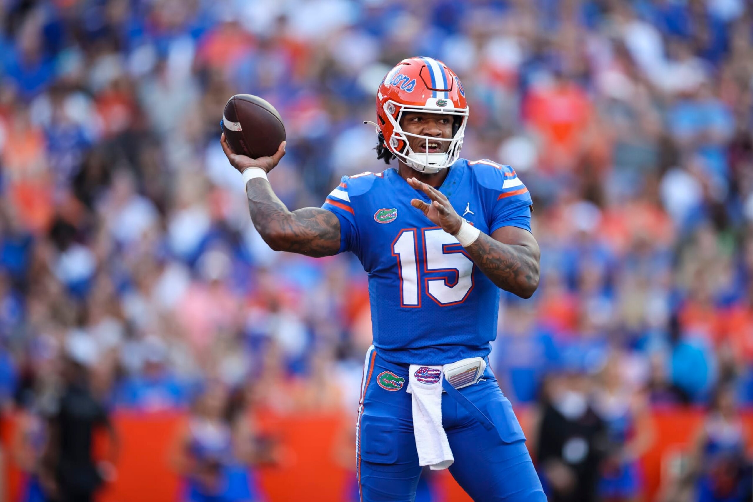 GAINESVILLE, FLORIDA - NOVEMBER 12: Anthony Richardson #15 of the Florida Gators throws a pass during the first half of a game against the South Carolina Gamecocks at Ben Hill Griffin Stadium on November 12, 2022 in Gainesville, Florida. (Photo by James Gilbert/Getty Images)