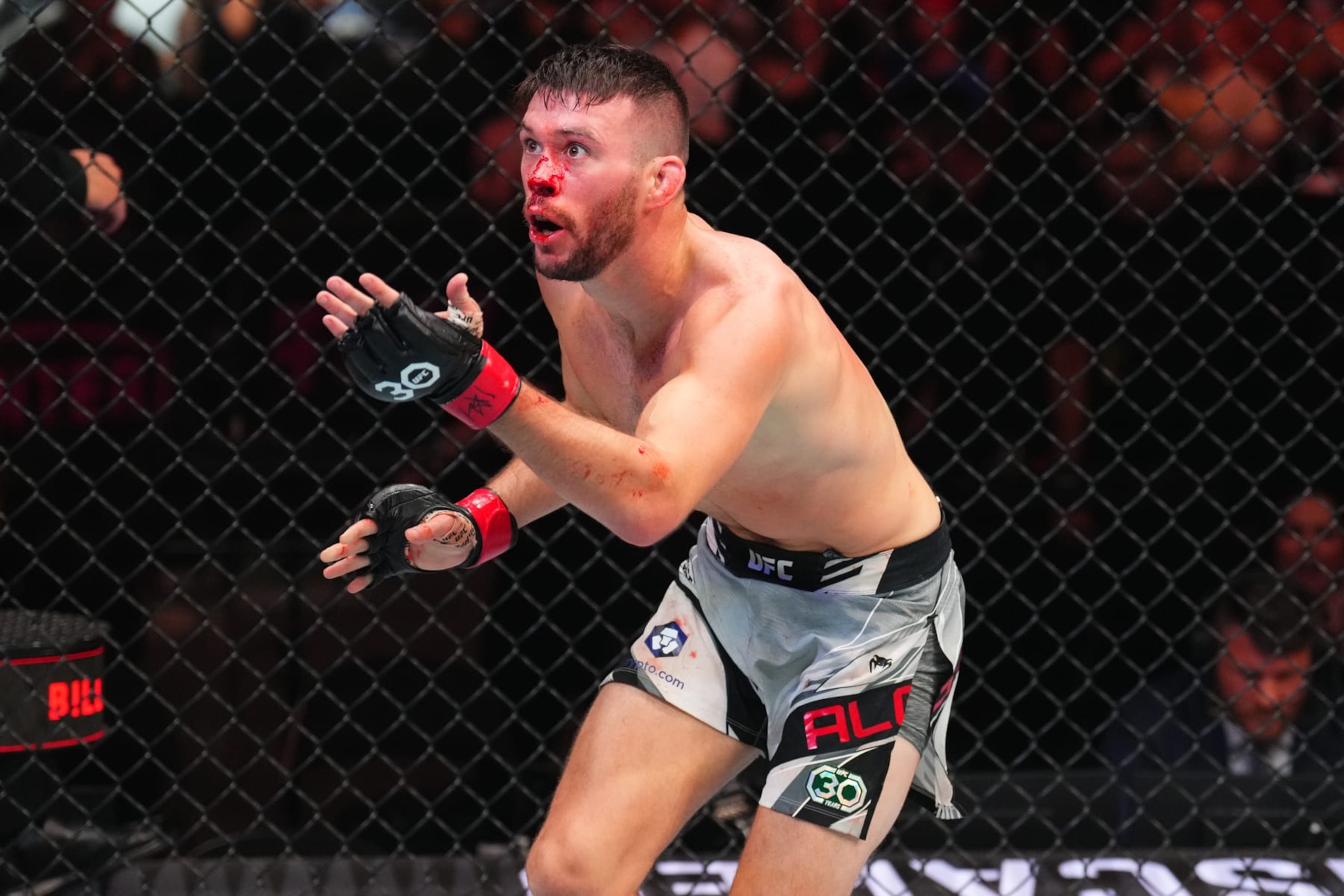 KANSAS CITY, MISSOURI - APRIL 15: Bill Algeo reacts after submitting TJ Brown in a featherweight fight during the UFC Fight Night event at T-Mobile Center on April 15, 2023 in Kansas City, Missouri. (Photo by Josh Hedges/Zuffa LLC via Getty Images)