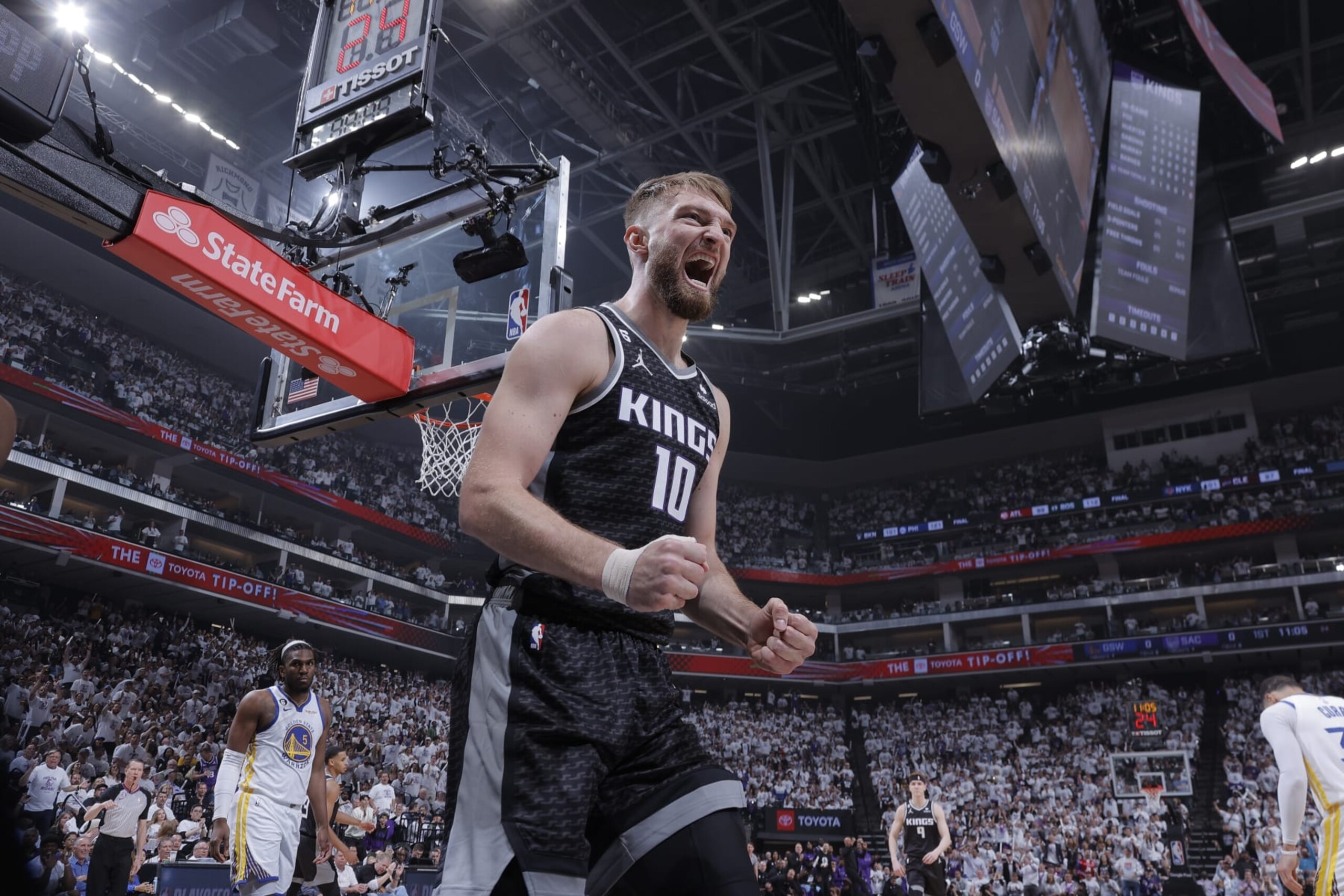 SACRAMENTO, CA - APRIL 15: Domantas Sabonis #10 of the Sacramento Kings celebrates a play during Round One Game One of the 2023 NBA Playoffs against the Golden State Warriors on April 15, 2023 at Golden 1 Center in Sacramento, California. NOTE TO USER: User expressly acknowledges and agrees that, by downloading and or using this Photograph, user is consenting to the terms and conditions of the Getty Images License Agreement. Mandatory Copyright Notice: Copyright 2023 NBAE (Photo by Rocky Widner/NBAE via Getty Images) SACRAMENTO, CA - APRIL 15: Domantas Sabonis #10 of the Sacramento Kings celebrates a play during Round One Game One of the 2023 NBA Playoffs against the Golden State Warriors on April 15, 2023 at Golden 1 Center in Sacramento, California. NOTE TO USER: User expressly acknowledges and agrees that, by downloading and or using this Photograph, user is consenting to the terms and conditions of the Getty Images License Agreement. Mandatory Copyright Notice: Copyright 2023 NBAE (Photo by Rocky Widner/NBAE via Getty Images)