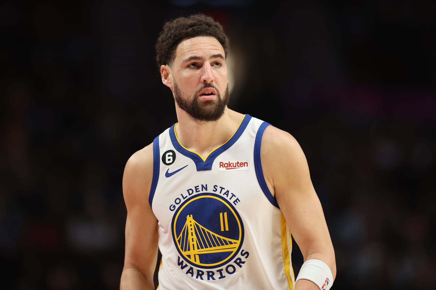 PORTLAND, OREGON - APRIL 09: Klay Thompson #11 of the Golden State Warriors looks on during the first quarter against the Portland Trail Blazers at Moda Center on April 09, 2023 in Portland, Oregon. NOTE TO USER: User expressly acknowledges and agrees that, by downloading and/or using this Photograph, user is consenting to the terms and conditions of the Getty Images License Agreement. (Photo by Steph Chambers/Getty Images)