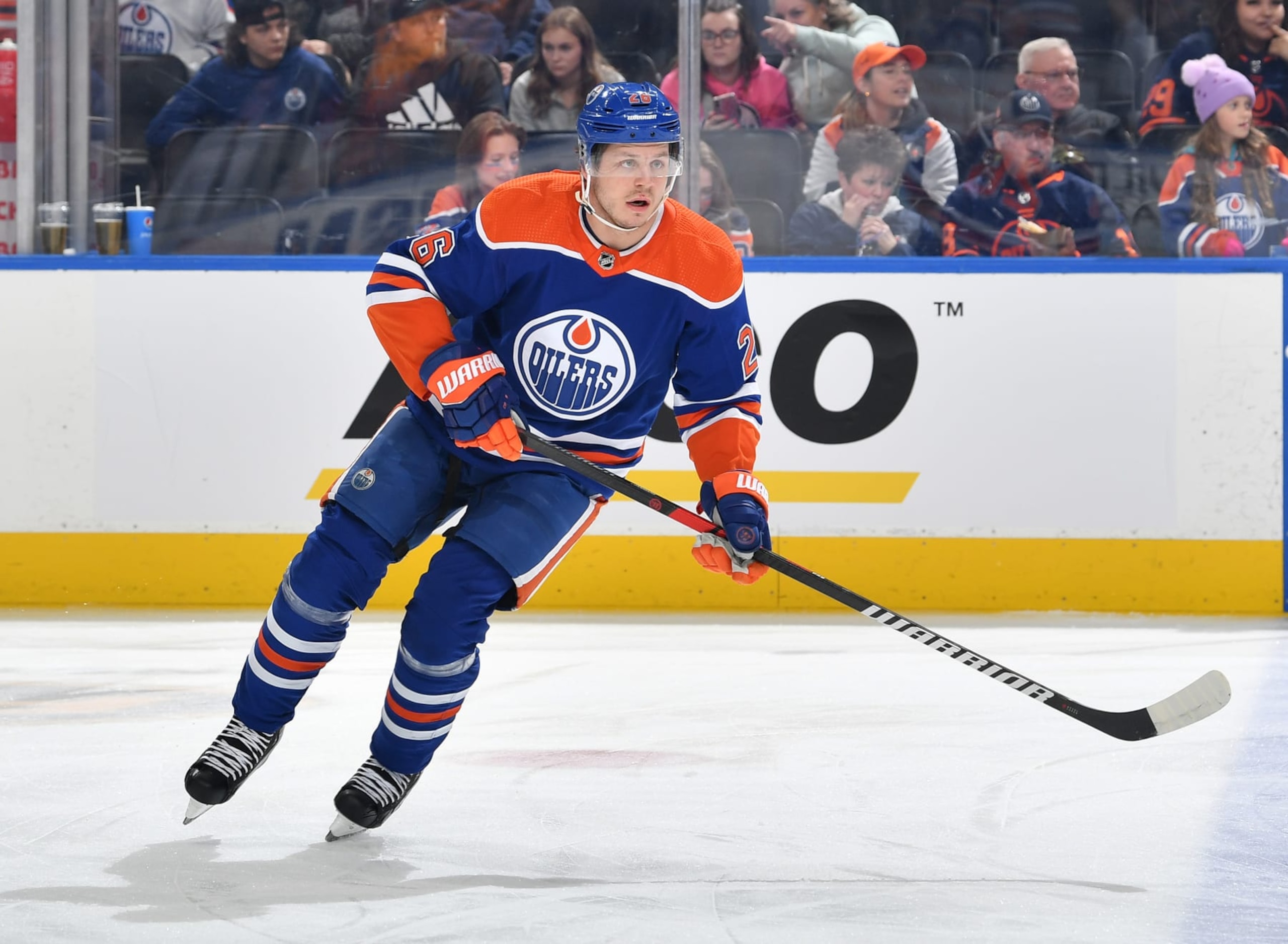EDMONTON, CANADA - MARCH 30: Mattias Janmark #26 of the Edmonton Oilers skates during warm up before the game against the Los Angeles Kings on March 30, 2023 at Rogers Place in Edmonton, Alberta, Canada. (Photo by Andy Devlin/NHLI via Getty Images)
