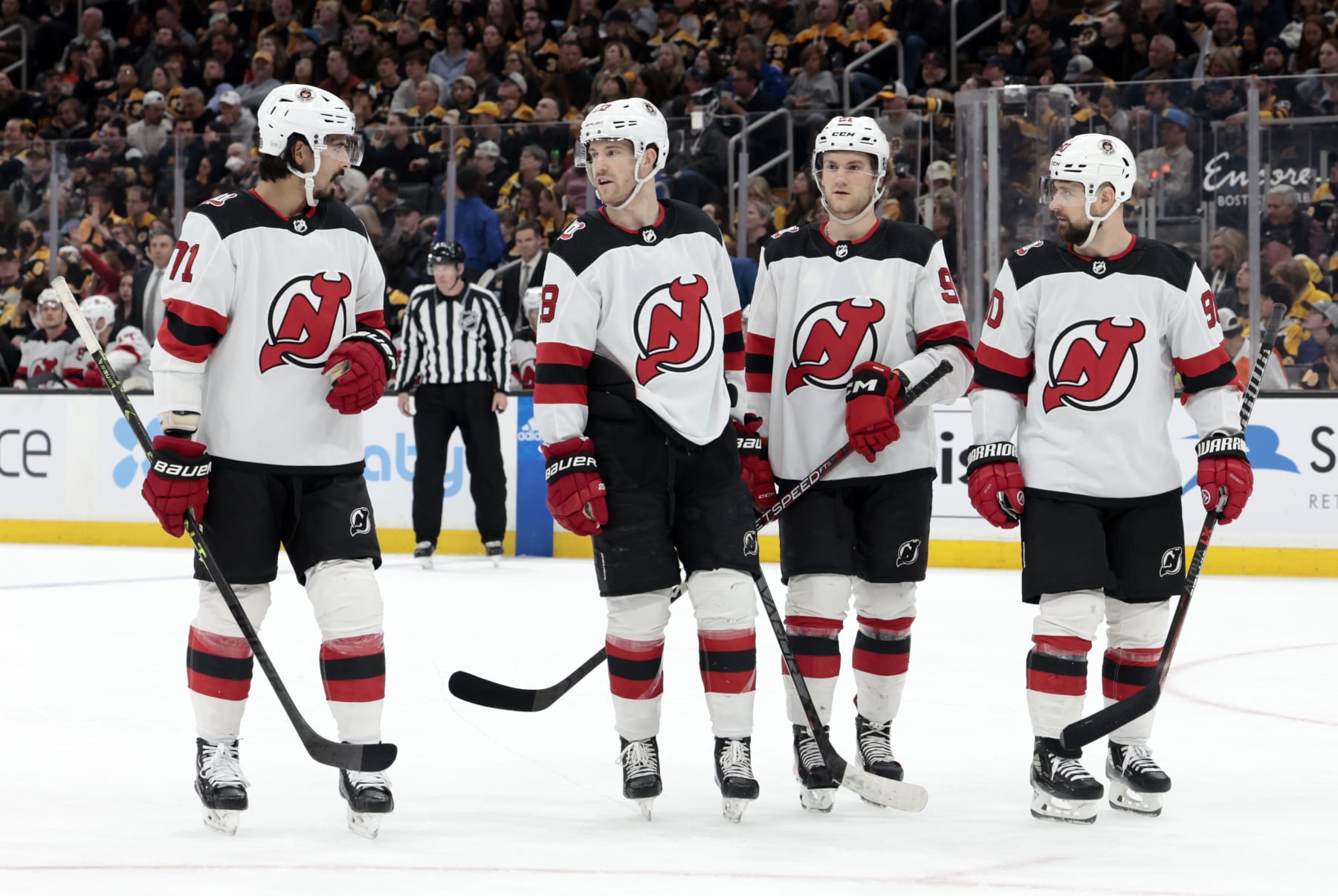 BOSTON, MA - APRIL 08: New Jersey skates out for an offensive zone face off during a game between the Boston Bruins and the New Jersey Devils on April 8, 2023, at TD Garden in Boston, Massachusetts. (Photo by Fred Kfoury III/Icon Sportswire via Getty Images)