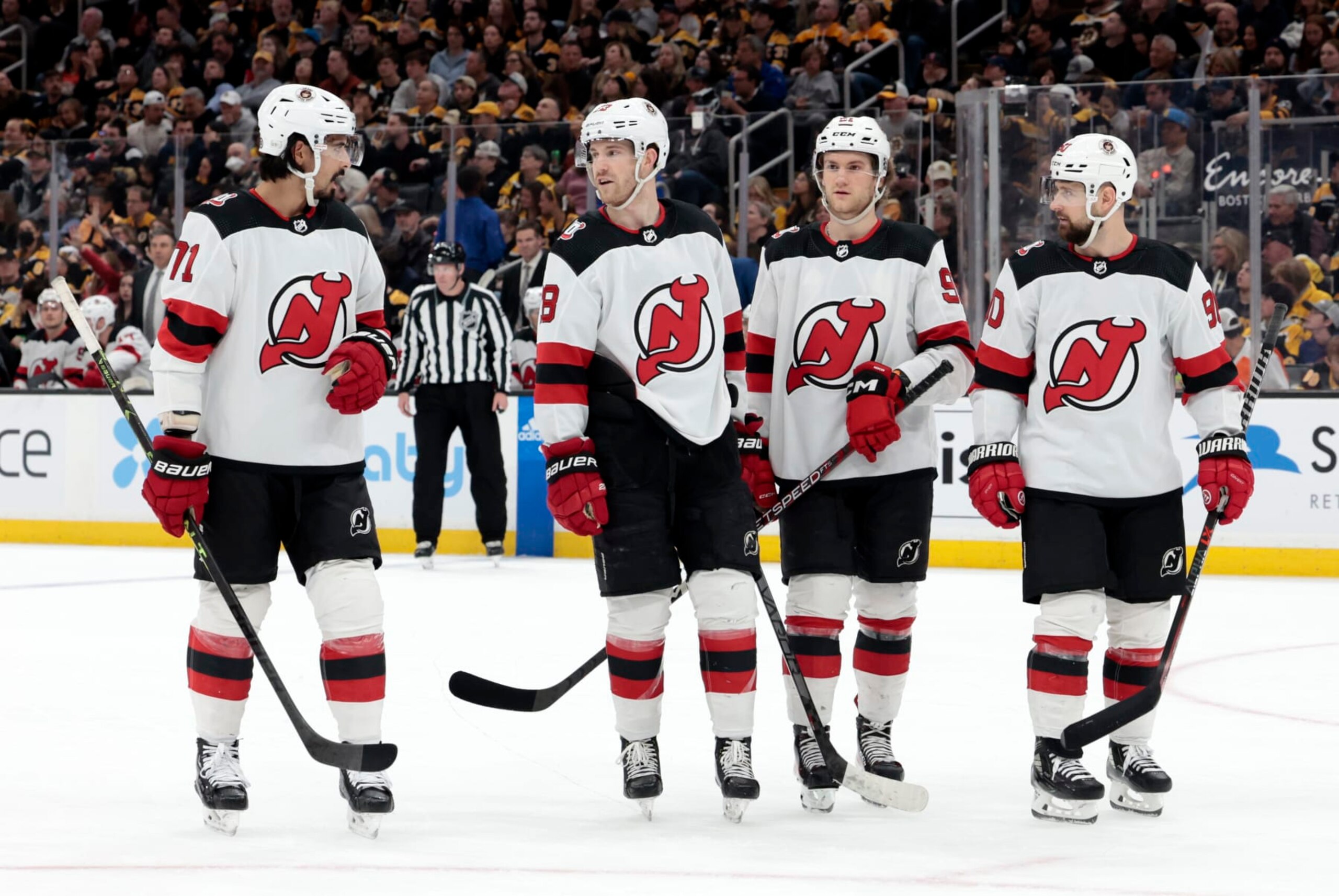 BOSTON, MA - APRIL 08: New Jersey skates out for an offensive zone face off during a game between the Boston Bruins and the New Jersey Devils on April 8, 2023, at TD Garden in Boston, Massachusetts. (Photo by Fred Kfoury III/Icon Sportswire via Getty Images) BOSTON, MA - APRIL 08: New Jersey skates out for an offensive zone face off during a game between the Boston Bruins and the New Jersey Devils on April 8, 2023, at TD Garden in Boston, Massachusetts. (Photo by Fred Kfoury III/Icon Sportswire via Getty Images)