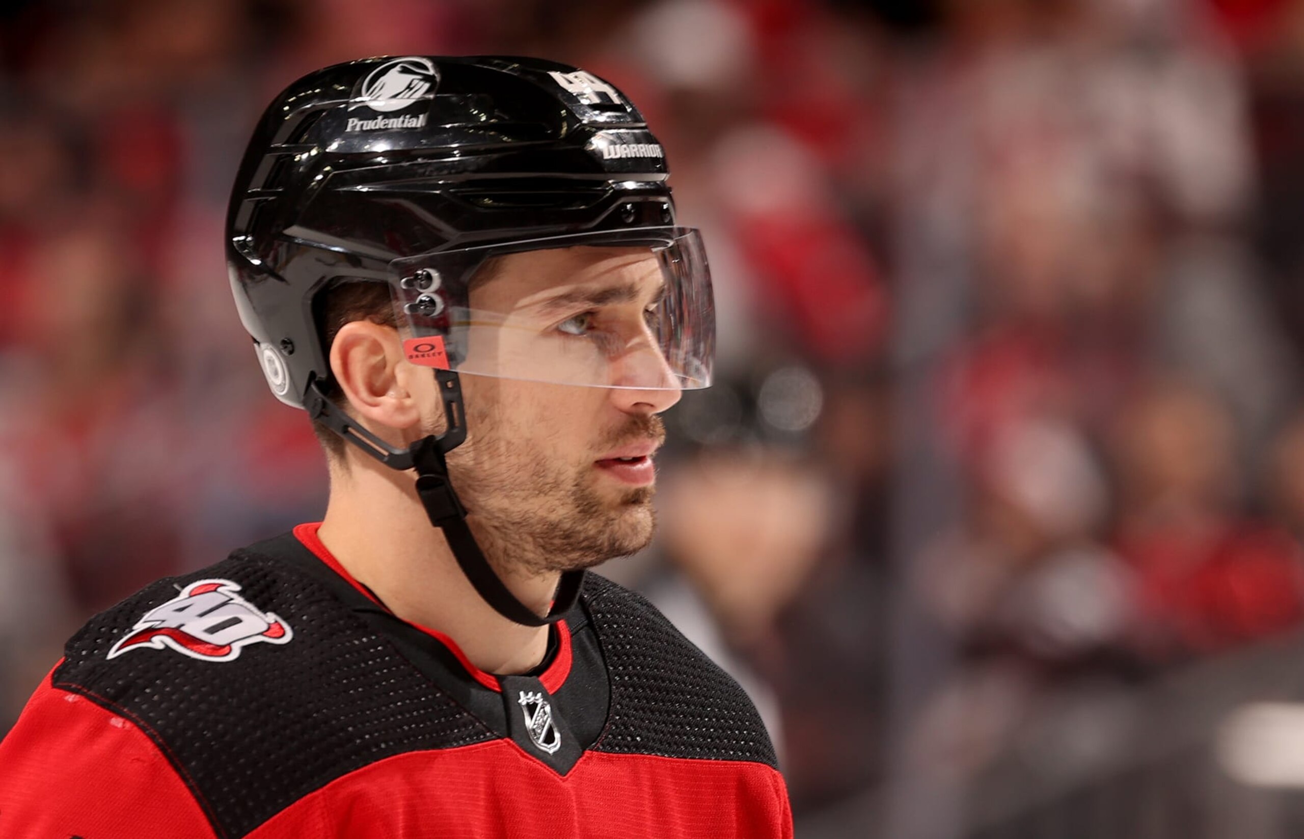 NEWARK, NEW JERSEY - MARCH 12: Miles Wood #44 of the New Jersey Devils waits for the face off during the first period against the Carolina Hurricanes at Prudential Center on March 12, 2023 in Newark, New Jersey. (Photo by Elsa/Getty Images) NEWARK, NEW JERSEY - MARCH 12: Miles Wood #44 of the New Jersey Devils waits for the face off during the first period against the Carolina Hurricanes at Prudential Center on March 12, 2023 in Newark, New Jersey. (Photo by Elsa/Getty Images)