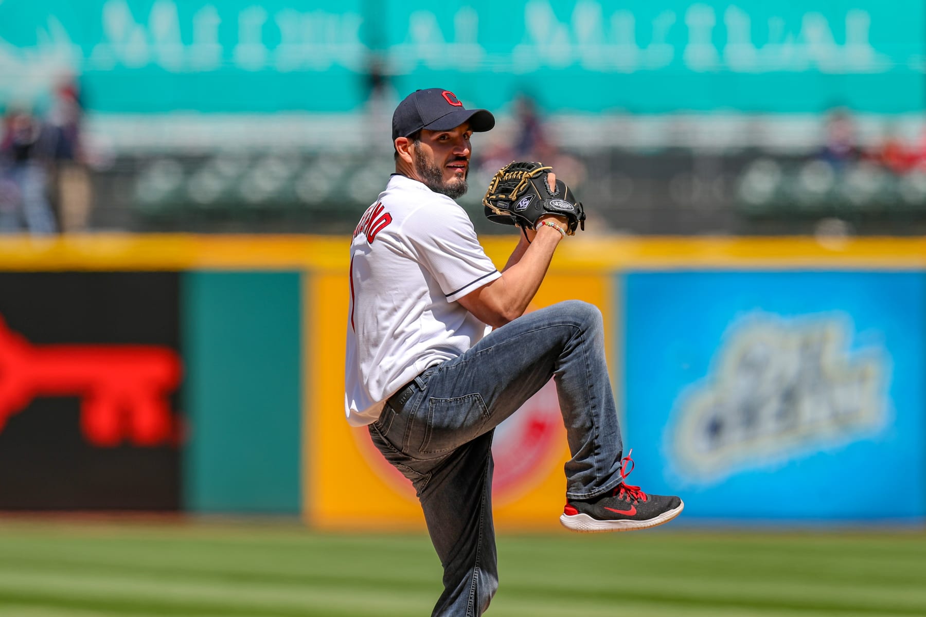 CLEVELAND, OH - APRIL 24: Cleveland native and NXT Champion Johnny Gargano throws a ceremonial first pitch prior to the Major League Baseball interleague game between the Miami Marlins and Cleveland Indians on April 24, 2019, at Progressive Field in Cleveland, OH. (Photo by Frank Jansky/Icon Sportswire via Getty Images)