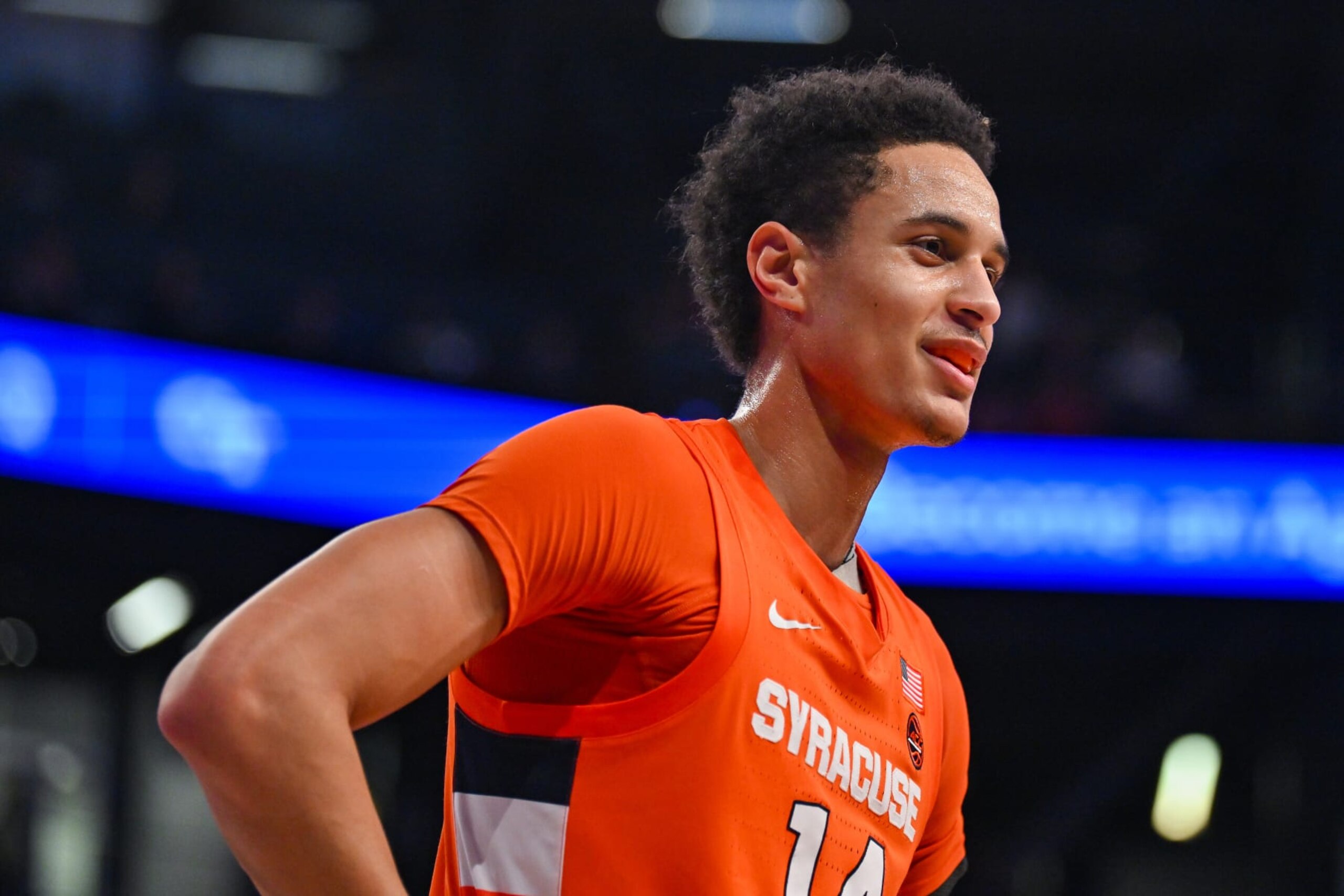 ATLANTA, GA  JANUARY 21:  Syracuse center Jesse Edwards (14) reacts during a college basketball game between the Syracuse Orange and the Georgia Tech Yellow Jackets on January 21st, 2023 at Hank McCamish Pavilion in Atlanta, GA.  (Photo by Rich von Biberstein/Icon Sportswire via Getty Images)