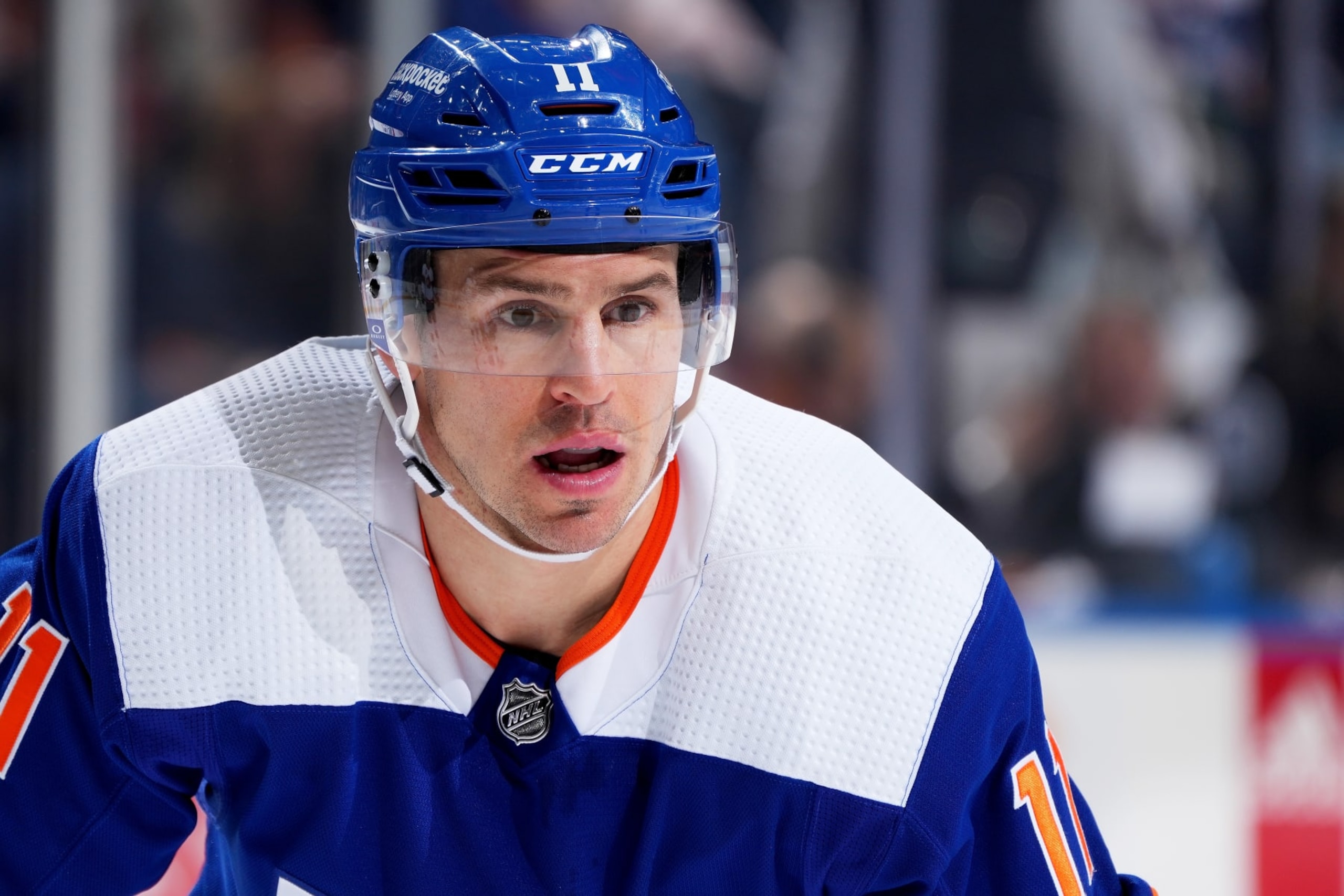 ELMONT, NEW YORK - FEBRUARY 14: Zach Parise #11 of the New York Islanders in action against the Ottawa Senators at UBS Arena on February 14, 2023 in Elmont, New York. Ottawa Senators defeated the New York Islanders 3-2. (Photo by Mike Stobe/NHLI via Getty Images)