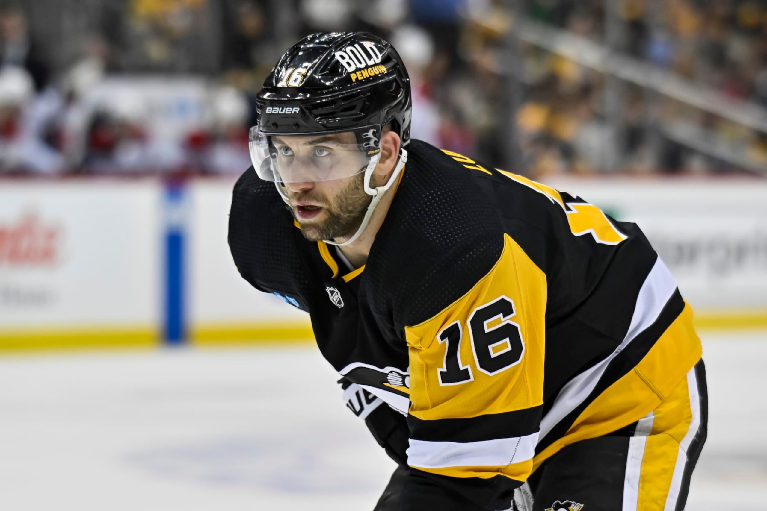 PITTSBURGH, PA - MARCH 14: Pittsburgh Penguins Left Wing Jason Zucker (16) looks on during the second period in the NHL game between the Pittsburgh Penguins and the Montreal Canadiens on March 14, 2023, at PPG Paints Arena in Pittsburgh, PA. (Photo by Jeanine Leech/Icon Sportswire via Getty Images)