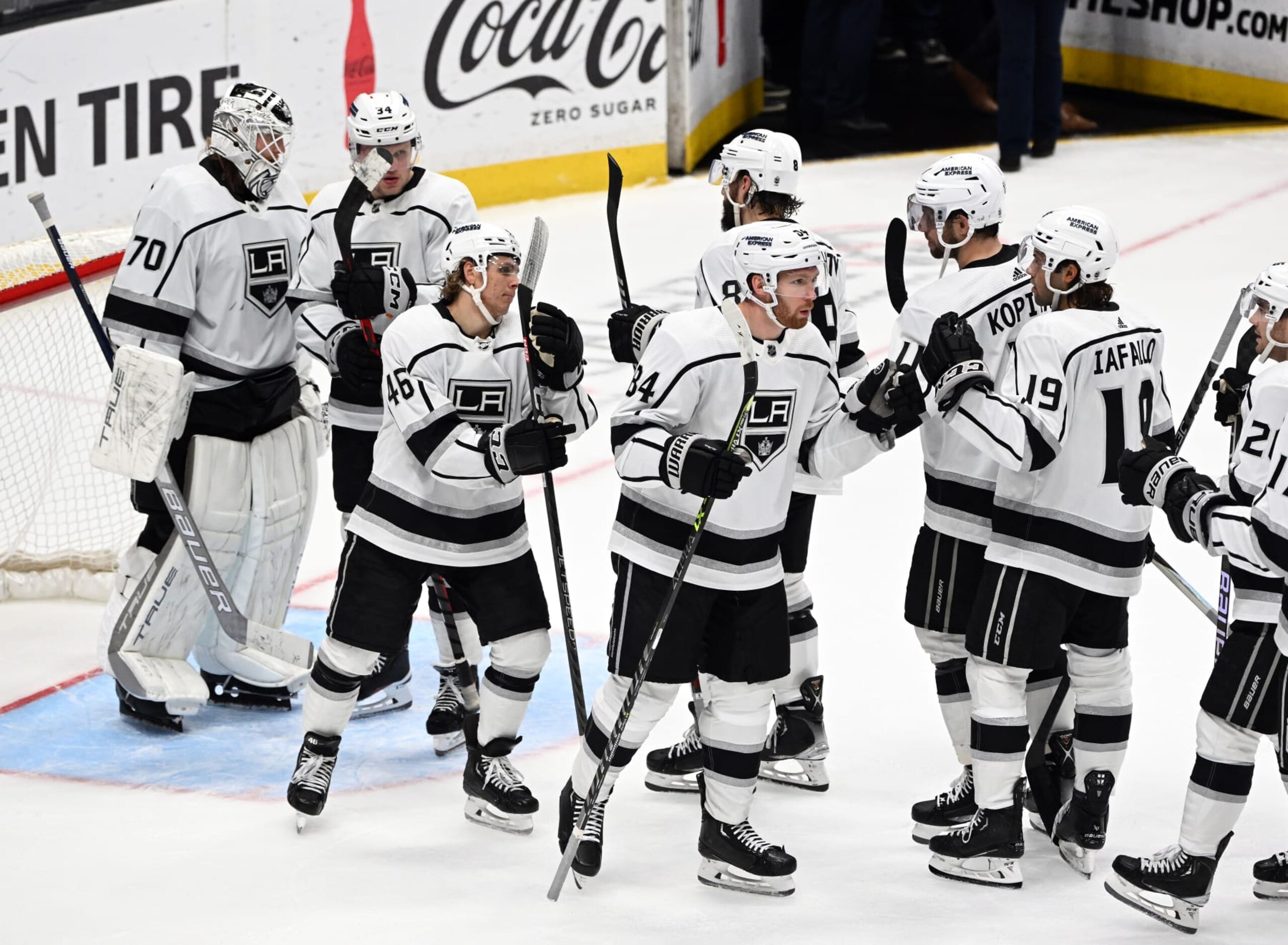 ANAHEIM, CA - APRIL 13: Los Angeles Kings goalie Joonas Korpisalo (70) and his teammates on the ice after the Kings defeated the Anaheim Ducks 5 to 3 in an NHL game played on April 13, 2023 at the Honda Center in Anaheim, CA. (Photo by John Cordes/Icon Sportswire via Getty Images)