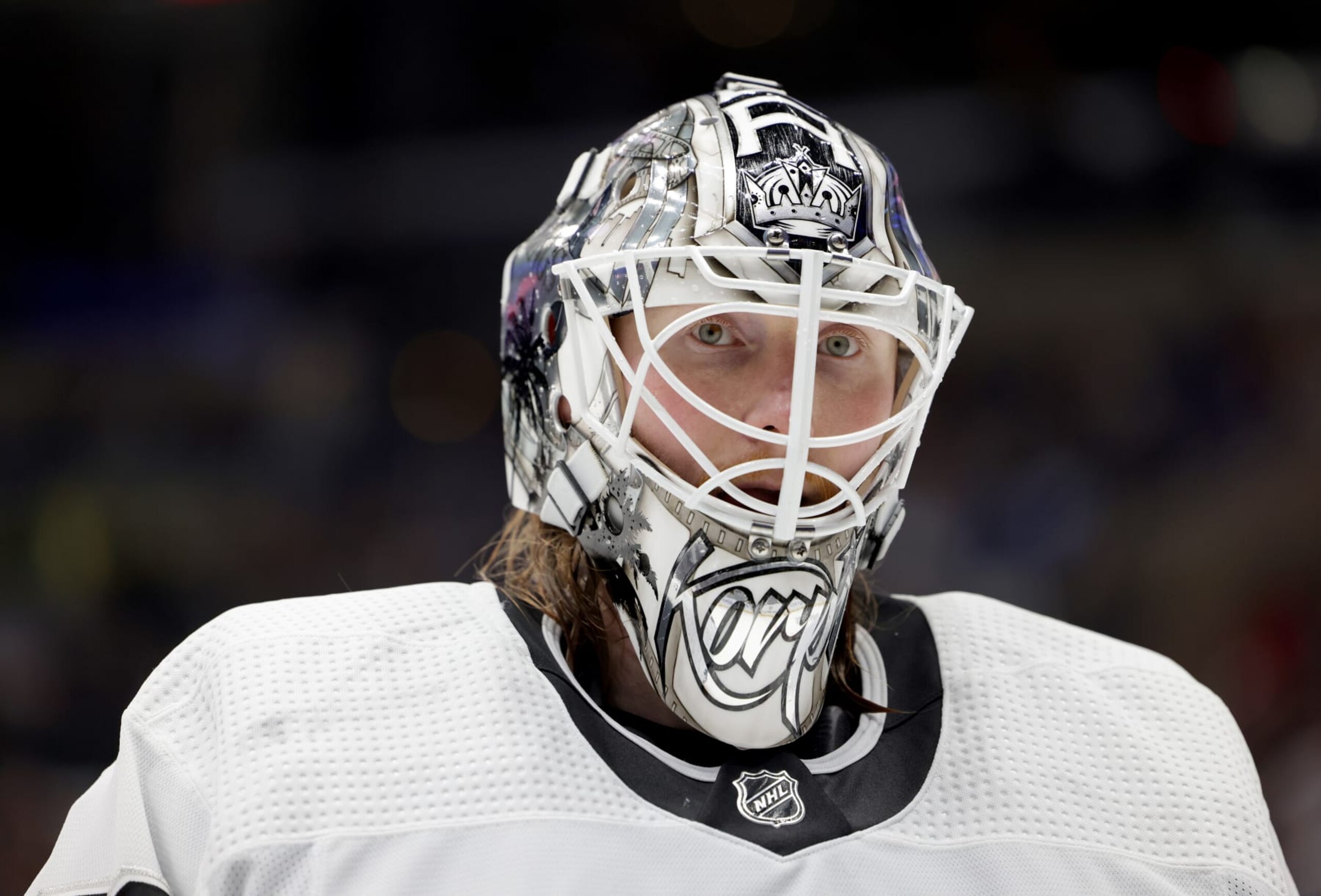 LOS ANGELES, CALIFORNIA - APRIL 10: Joonas Korpisalo #70 of the Los Angeles Kings during a break in a 3-0 Kings win over the Vancouver Canucks at Crypto.com Arena on April 10, 2023 in Los Angeles, California. (Photo by Harry How/Getty Images)
