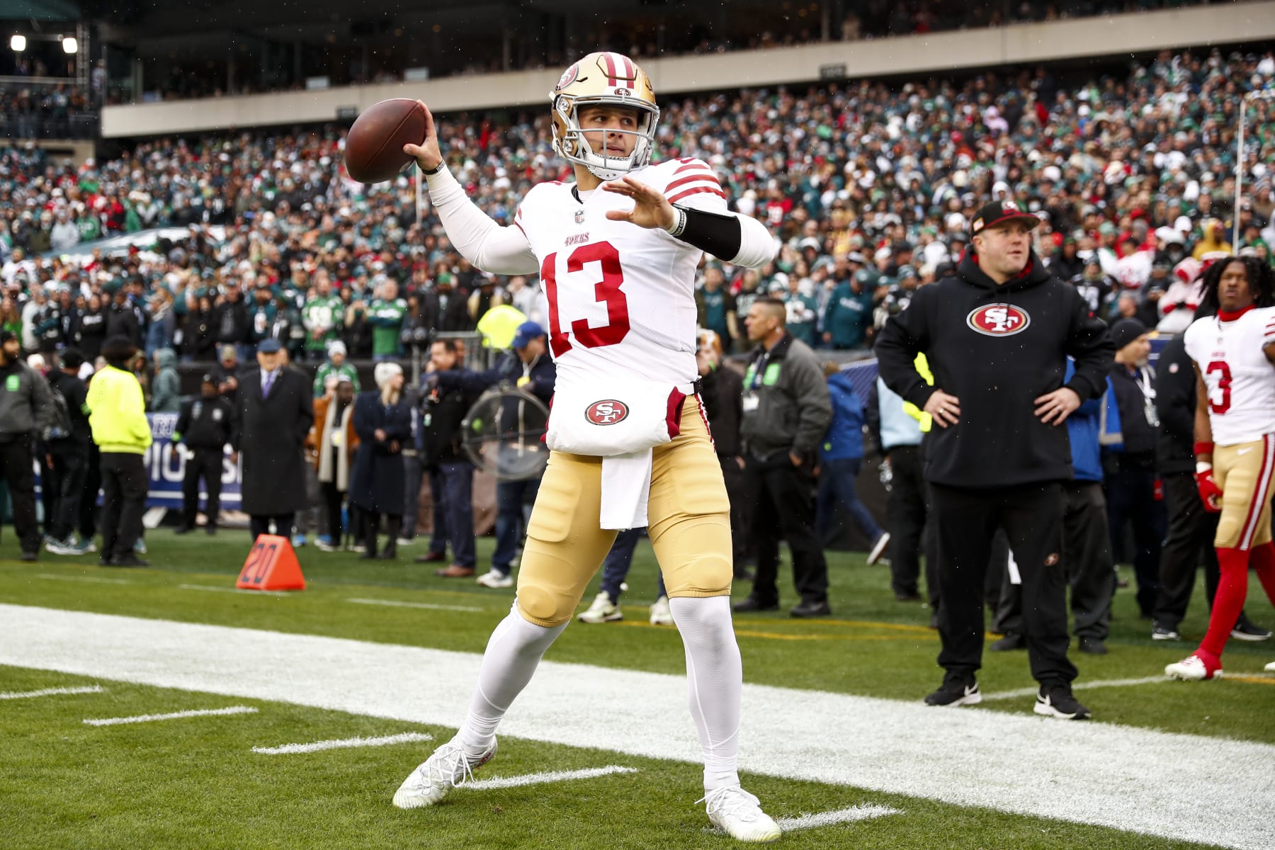 PHILADELPHIA, PA - JANUARY 29: Brock Purdy #13 of the San Francisco 49ers warms up prior to the NFC Championship NFL football game against the Philadelphia Eagles at Lincoln Financial Field on January 29, 2023 in Philadelphia, Pennsylvania. (Photo by Kevin Sabitus/Getty Images)