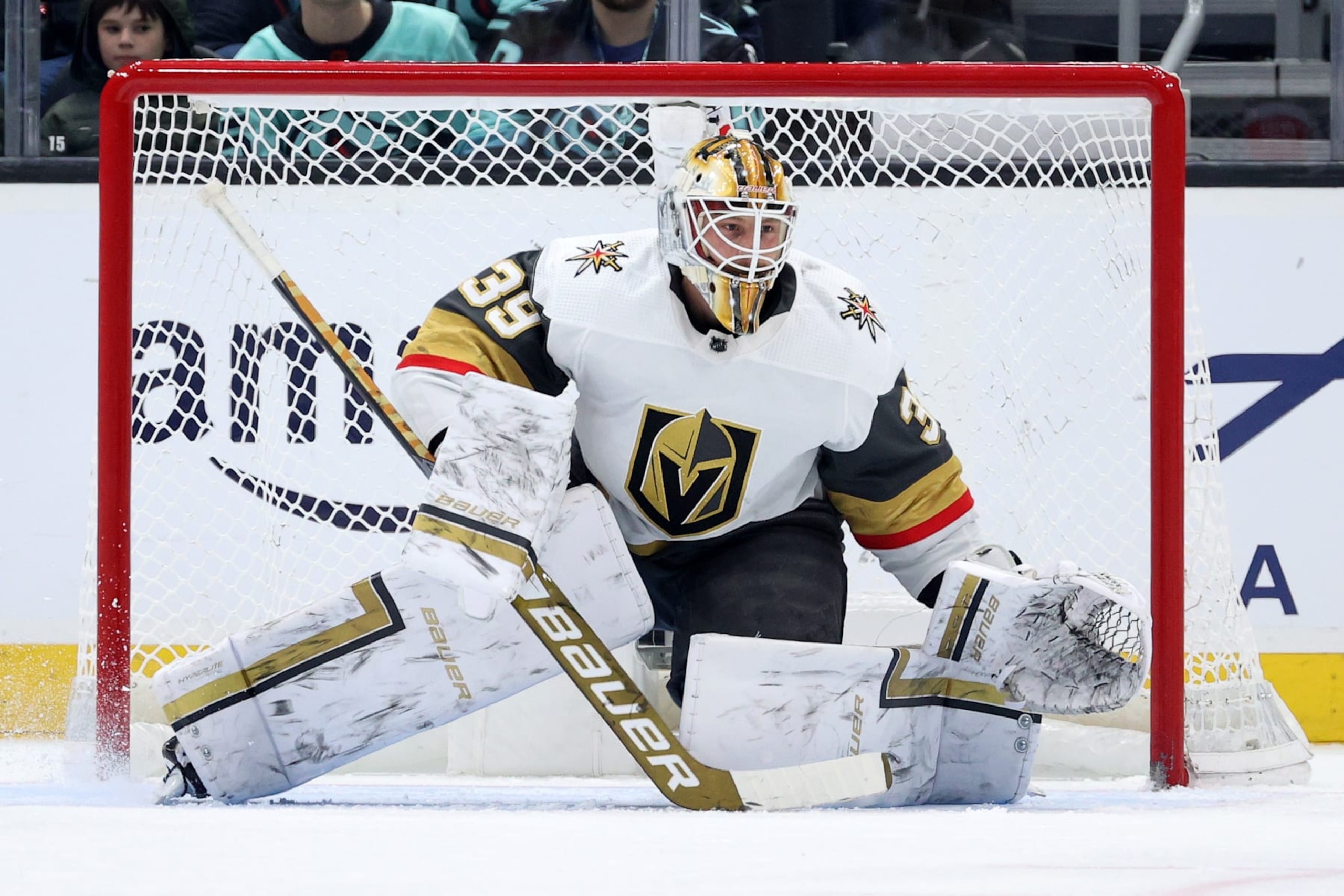 SEATTLE, WASHINGTON - APRIL 13: Laurent Brossoit #39 of the Vegas Golden Knights tends net against the Seattle Kraken during the first period at Climate Pledge Arena on April 13, 2023 in Seattle, Washington. (Photo by Steph Chambers/Getty Images)