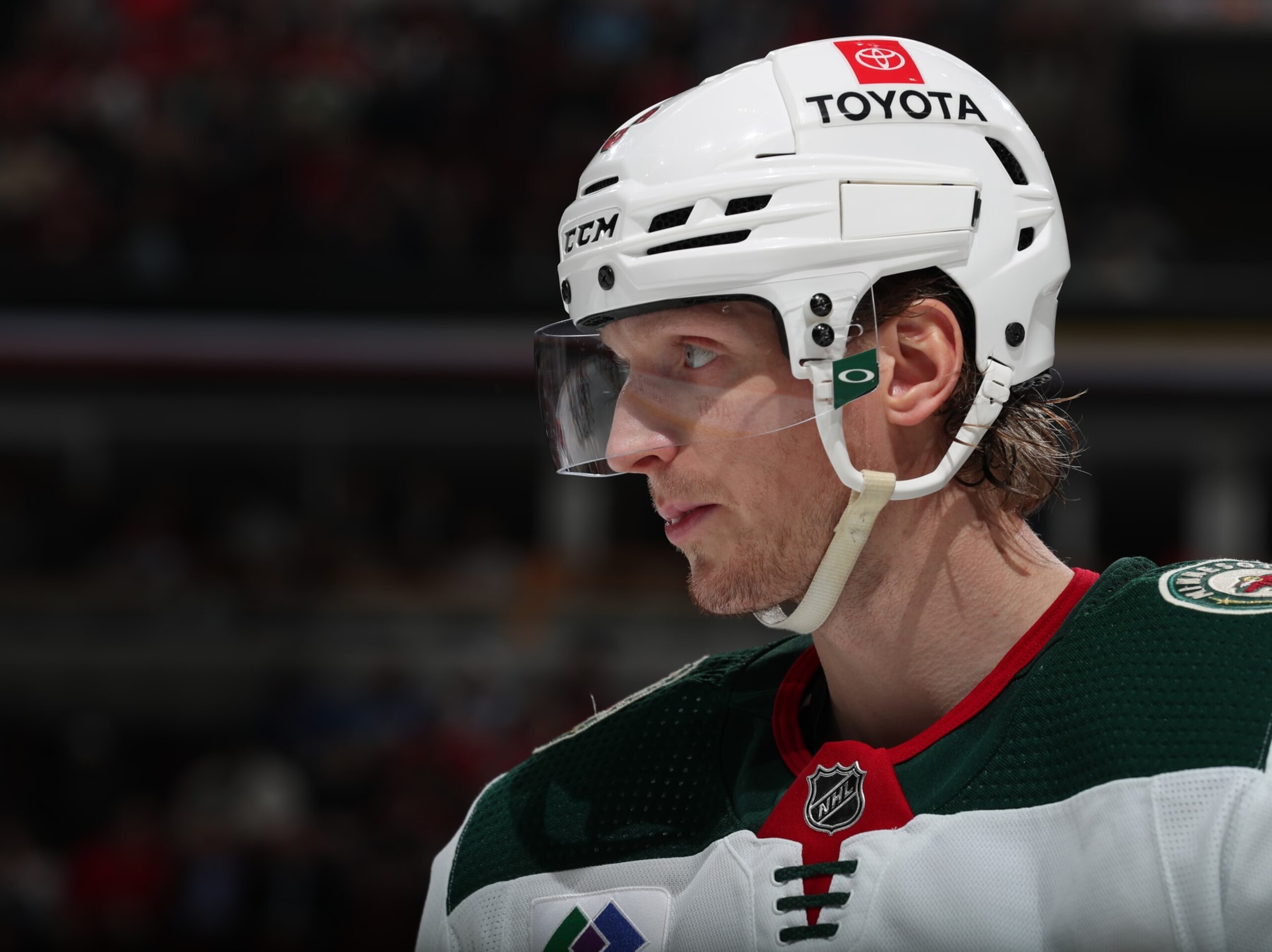 CHICAGO, ILLINOIS - APRIL 10: John Klingberg #3 of the Minnesota Wild looks on during the game against the Chicago Blackhawks at United Center on April 10, 2023 in Chicago, Illinois. (Photo by Chase Agnello-Dean/NHLI via Getty Images)