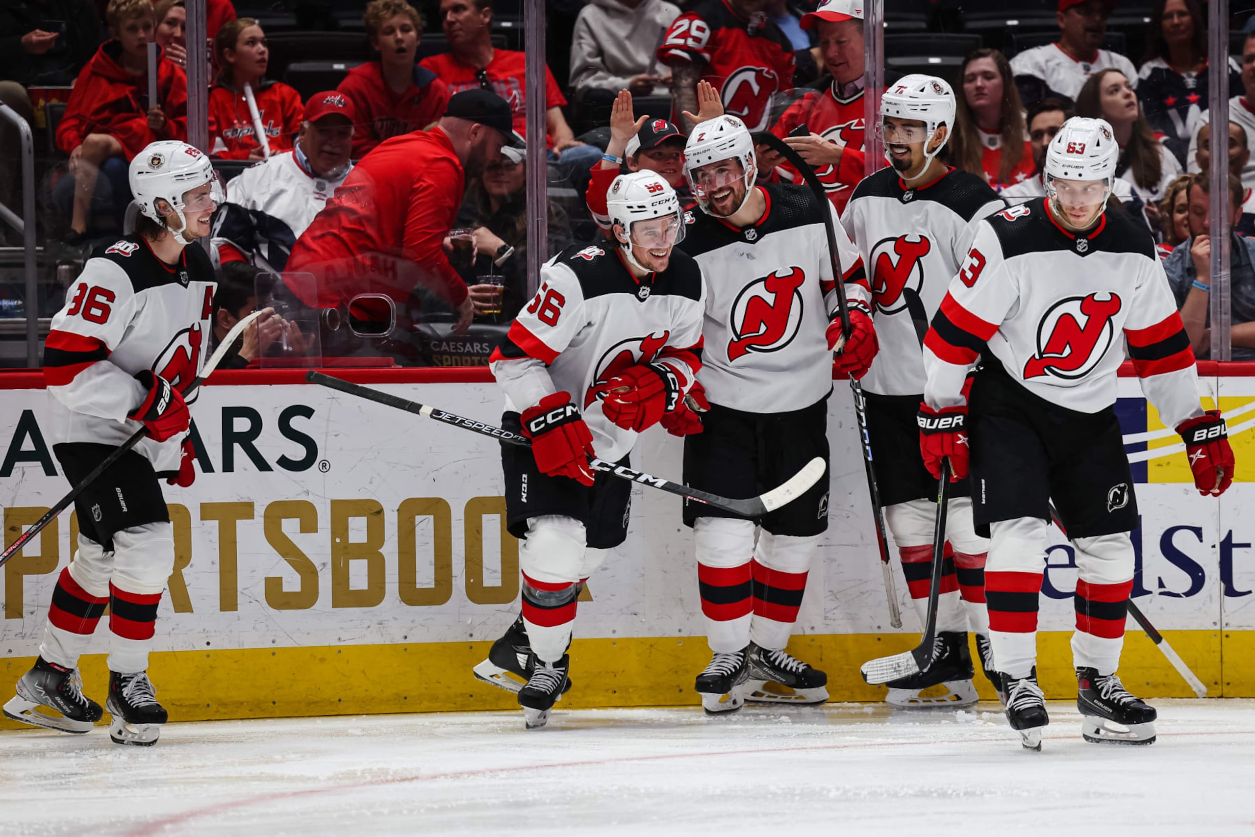 WASHINGTON, DC - APRIL 13: Erik Haula #56 of the New Jersey Devils celebrates scoring a goal against the Washington Capitals in the third period at Capital One Arena on April 13, 2023 in Washington, DC. (Photo by Scott Taetsch/Getty Images)