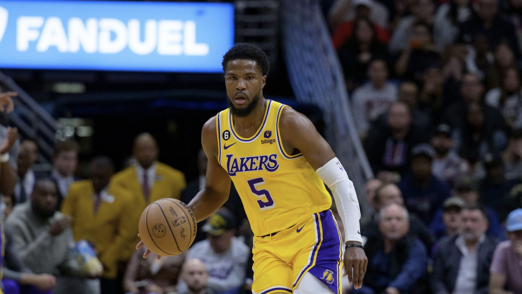 Los Angeles Lakers guard Malik Beasley (5) dribbles in the first half of an NBA basketball game against the New Orleans Pelicans in New Orleans, Tuesday, March 14, 2023. (AP Photo/Matthew Hinton) Los Angeles Lakers guard Malik Beasley (5) dribbles in the first half of an NBA basketball game against the New Orleans Pelicans in New Orleans, Tuesday, March 14, 2023. (AP Photo/Matthew Hinton)