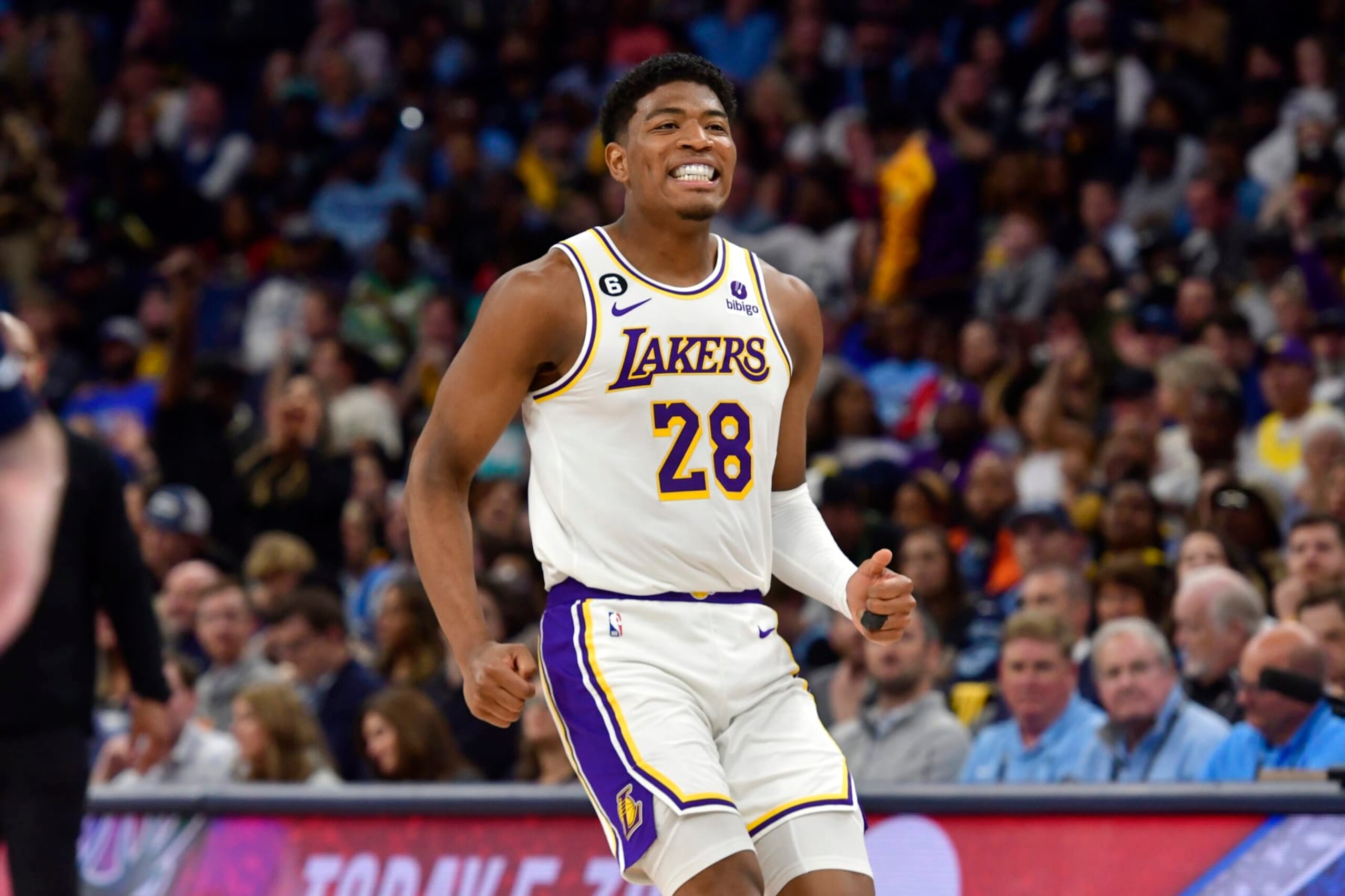 Los Angeles Lakers forward Rui Hachimura (28) reacts during Game 1 of a first-round NBA basketball playoff series against the Memphis Grizzlies, Sunday, April 16, 2023, in Memphis, Tenn. (AP Photo/Brandon Dill)