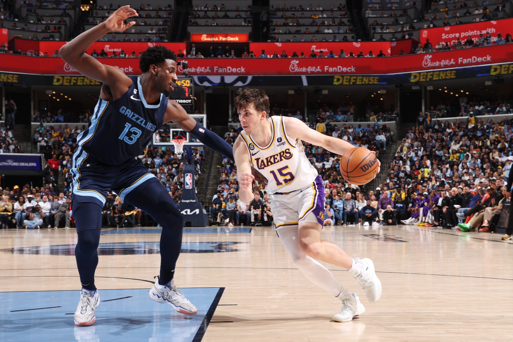 MEMPHIS, TN - APRIL 16: Austin Reaves #15 of the Los Angeles Lakers drives to the basket during Round 1 Game 1 of the NBA Playoffs against the Memphis Grizzlies on April 16, 2023 at FedExForum in Memphis, Tennessee. NOTE TO USER: User expressly acknowledges and agrees that, by downloading and or using this photograph, User is consenting to the terms and conditions of the Getty Images License Agreement. Mandatory Copyright Notice: Copyright 2023 NBAE (Photo by Joe Murphy/NBAE via Getty Images)