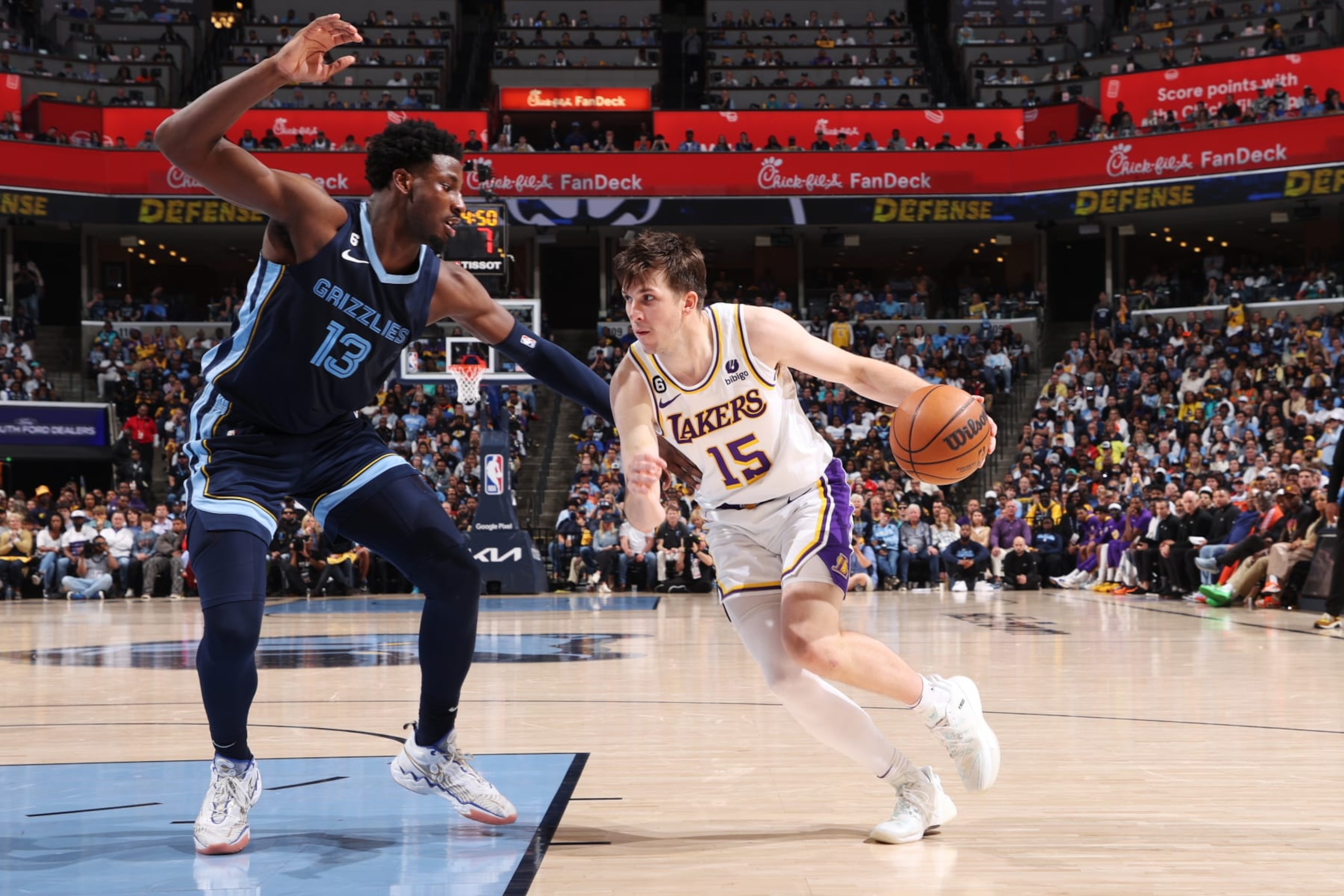 MEMPHIS, TN - APRIL 16: Austin Reaves #15 of the Los Angeles Lakers drives to the basket during Round 1 Game 1 of the NBA Playoffs against the Memphis Grizzlies on April 16, 2023 at FedExForum in Memphis, Tennessee. NOTE TO USER: User expressly acknowledges and agrees that, by downloading and or using this photograph, User is consenting to the terms and conditions of the Getty Images License Agreement. Mandatory Copyright Notice: Copyright 2023 NBAE (Photo by Joe Murphy/NBAE via Getty Images) MEMPHIS, TN - APRIL 16: Austin Reaves #15 of the Los Angeles Lakers drives to the basket during Round 1 Game 1 of the NBA Playoffs against the Memphis Grizzlies on April 16, 2023 at FedExForum in Memphis, Tennessee. NOTE TO USER: User expressly acknowledges and agrees that, by downloading and or using this photograph, User is consenting to the terms and conditions of the Getty Images License Agreement. Mandatory Copyright Notice: Copyright 2023 NBAE (Photo by Joe Murphy/NBAE via Getty Images)