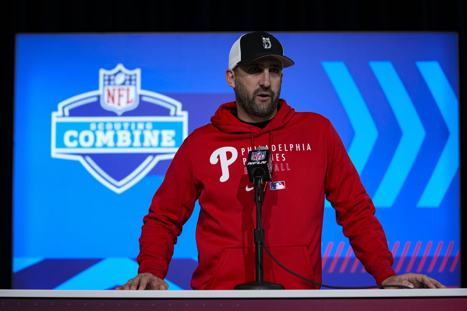 Philadelphia Eagles head coach Nick Sirianni speaks during a press conference at the NFL football scouting combine in Indianapolis, Tuesday, Feb. 28, 2023. (AP Photo/Michael Conroy)