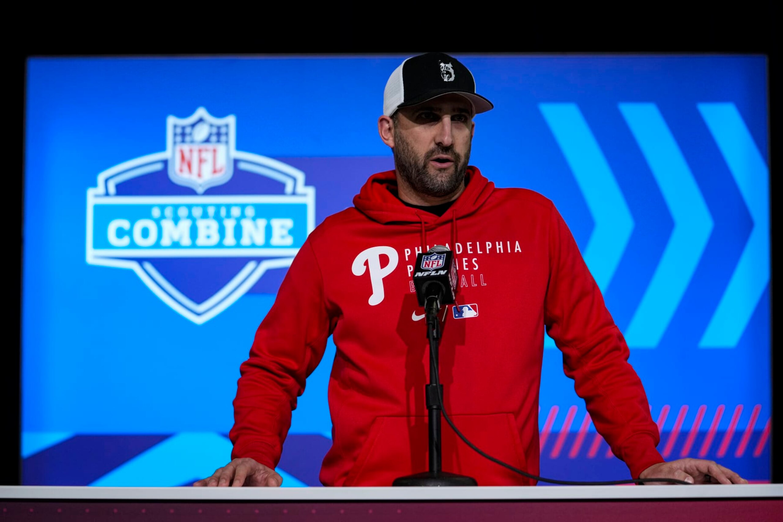 Philadelphia Eagles head coach Nick Sirianni speaks during a press conference at the NFL football scouting combine in Indianapolis, Tuesday, Feb. 28, 2023. (AP Photo/Michael Conroy)