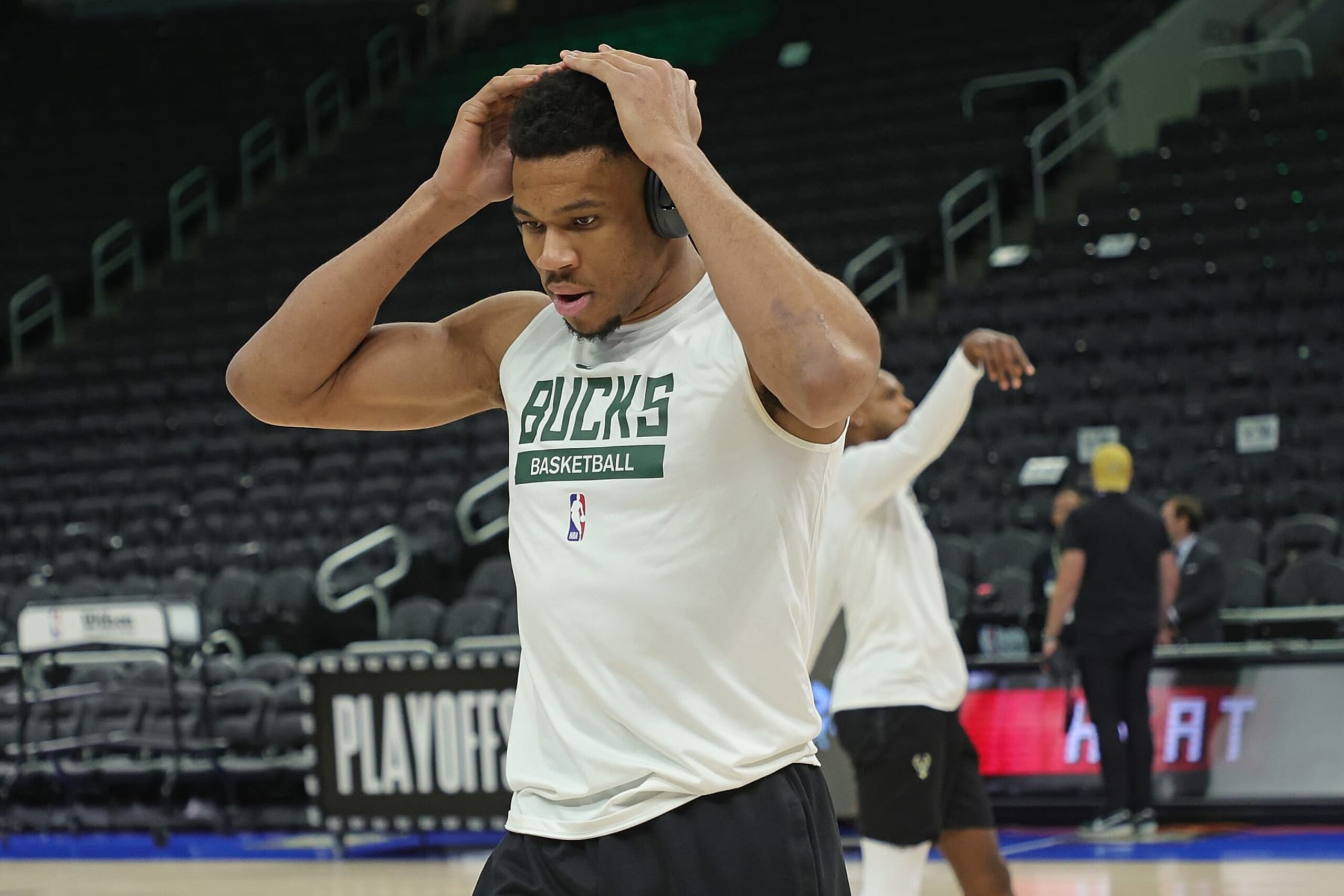 MILWAUKEE, WISCONSIN - APRIL 16: Giannis Antetokounmpo #34 of the Milwaukee Bucks participates in warmups prior to Game One of the Eastern Conference First Round Playoffs between the Milwaukee Bucks and the Miami Heat at Fiserv Forum on April 16, 2023 in Milwaukee, Wisconsin. NOTE TO USER: User expressly acknowledges and agrees that, by downloading and or using this photograph, User is consenting to the terms and conditions of the Getty Images License Agreement. (Photo by Stacy Revere/Getty Images)