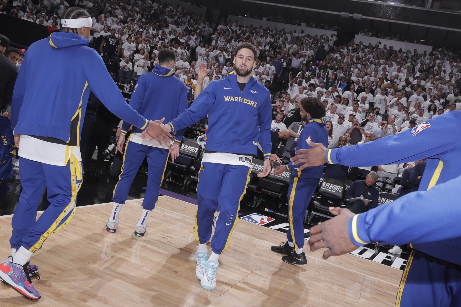 SACRAMENTO, CA - APRIL 15: Klay Thompson #11 of the Golden State Warriors is introduced during Round One Game One of the 2023 NBA Playoffs on April 15, 2023 at Golden 1 Center in Sacramento, California. NOTE TO USER: User expressly acknowledges and agrees that, by downloading and or using this Photograph, user is consenting to the terms and conditions of the Getty Images License Agreement. Mandatory Copyright Notice: Copyright 2023 NBAE (Photo by Rocky Widner/NBAE via Getty Images)