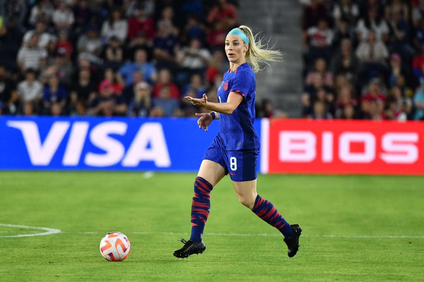 SAINT LOUIS, MO - APRIL 11: Julie Ertz #8 of the United States with the ball during a game between Ireland and USWNT at CITYPARK on April 11, 2023 in Saint Louis, Missouri. (Photo by Bill Barrett/USSF/Getty Images).