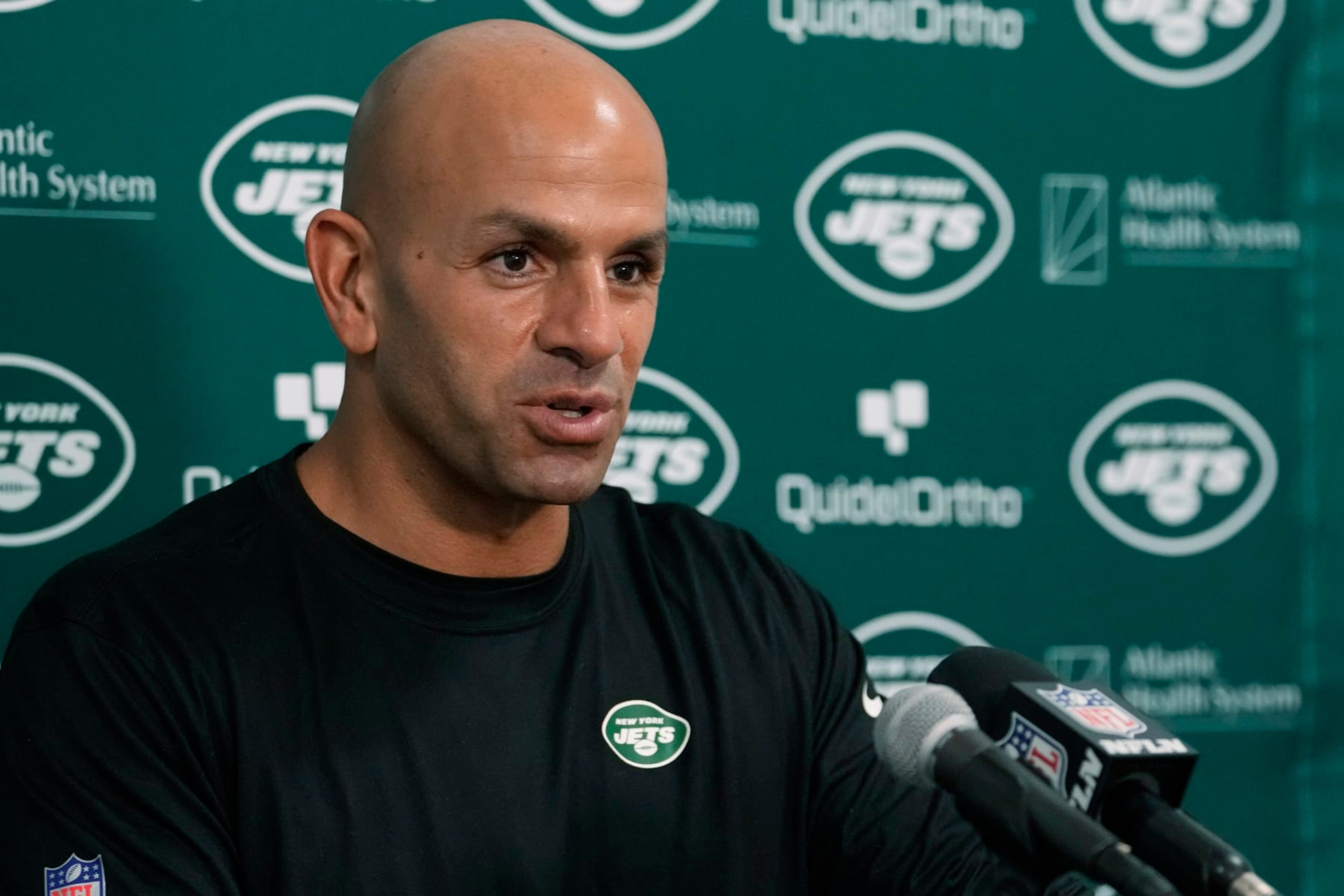 New York Jets head coach Robert Saleh speaks during a post-game news conference following an NFL football game, Sunday, Jan. 8, 2023, in Miami Gardens, Fla. The Dolphins defeated the Jets 11-6. (AP Photo/Lynne Sladky)