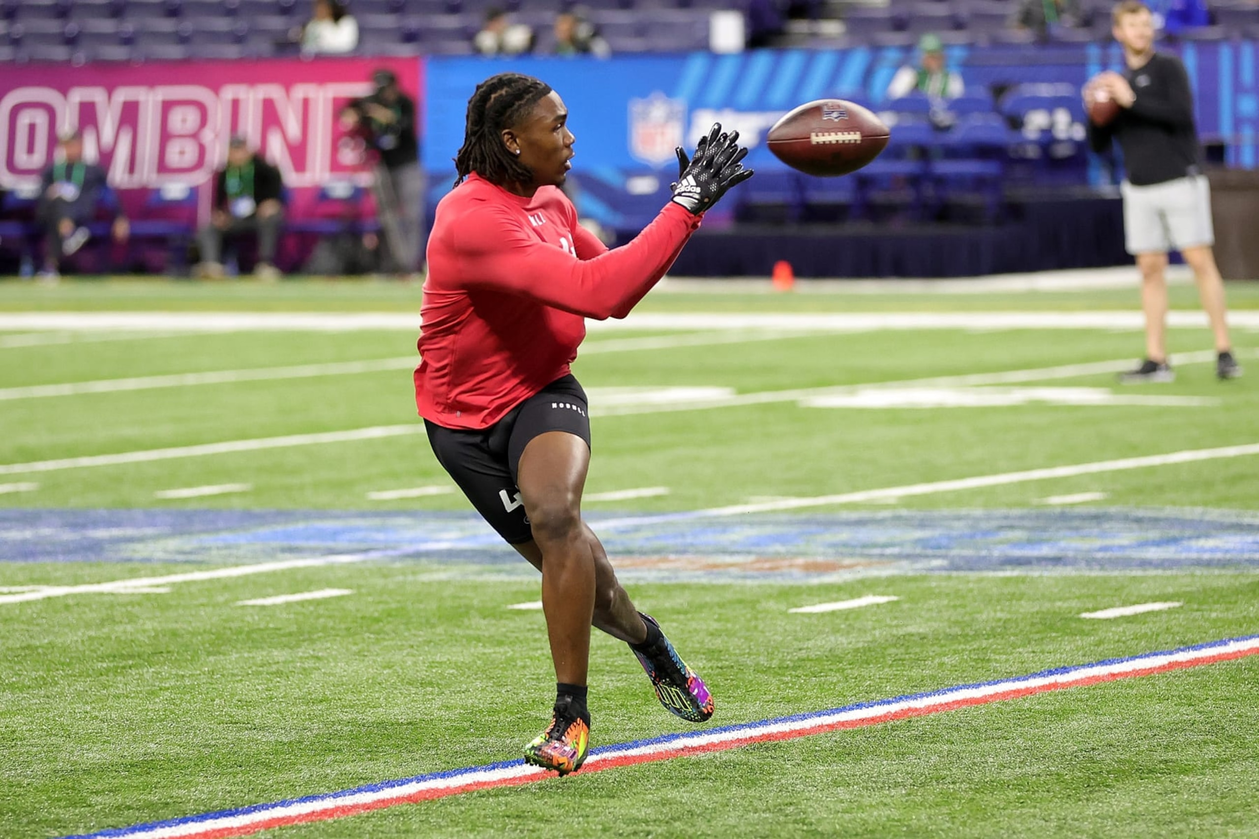 INDIANAPOLIS, INDIANA - MARCH 04: Rashee Rice of SMU participates in a drill during the NFL Combine at Lucas Oil Stadium on March 04, 2023 in Indianapolis, Indiana. (Photo by Stacy Revere/Getty Images)