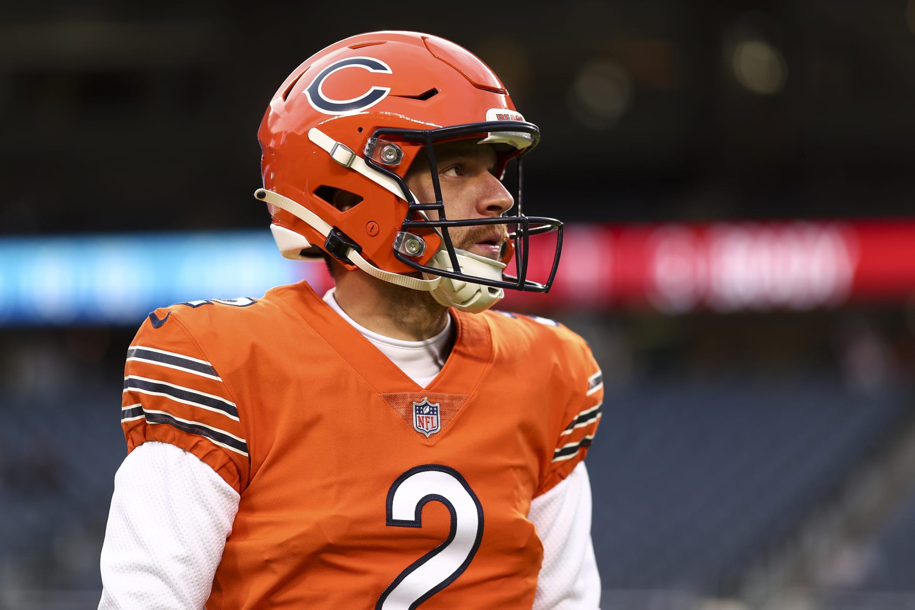 CHICAGO, IL - OCTOBER 13: Cairo Santos #2 of the Chicago Bears warms up prior to an NFL football game against the Washington Commanders at Soldier Field on October 13, 2022 in Chicago, Illinois. (Photo by Kevin Sabitus/Getty Images)