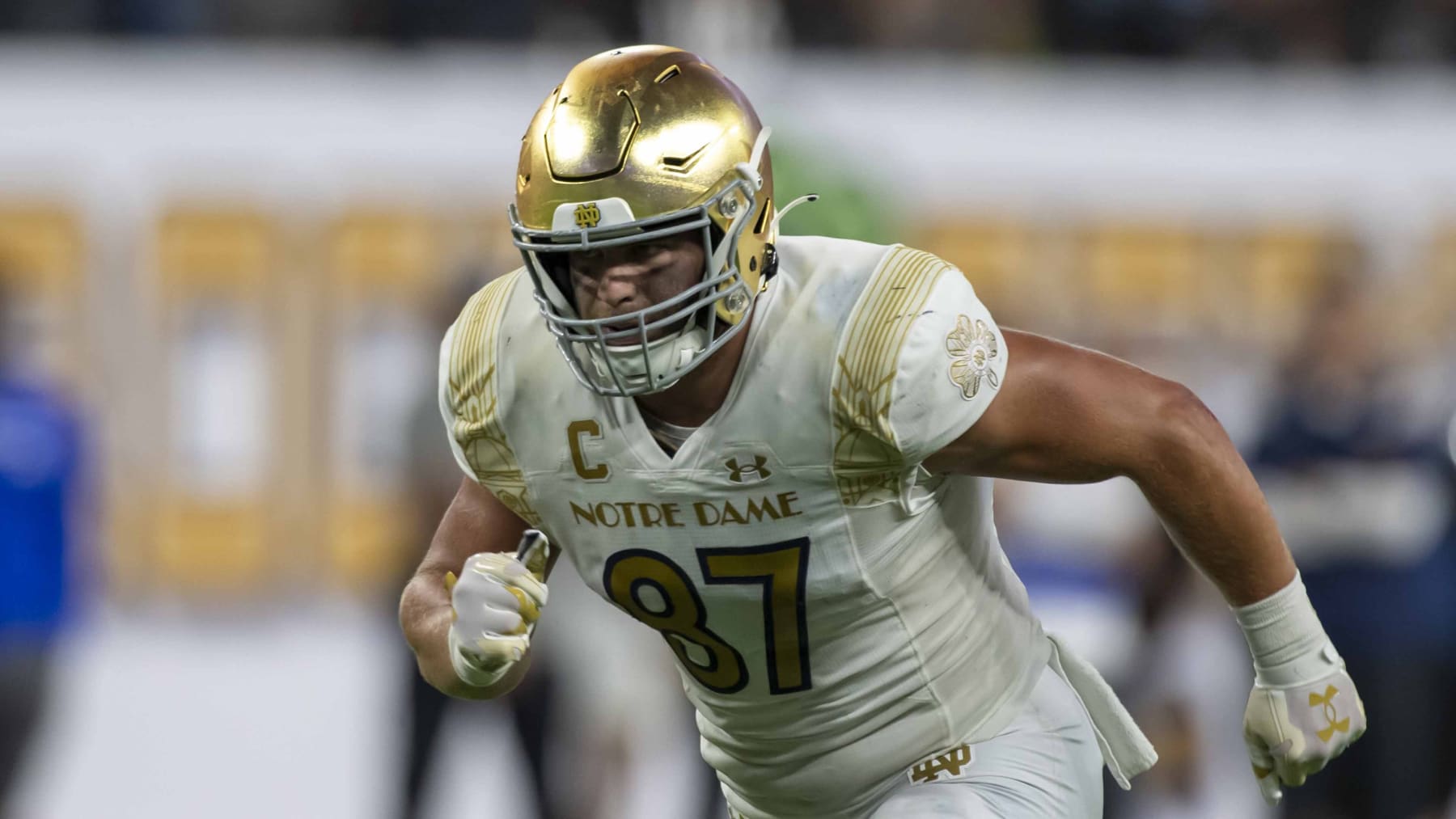 Notre Dame Fighting Irish tight end Michael Mayer (87) runs upfield on offense during an NCAA football game on Saturday, Oct. 8, 2022 in Las Vegas. (AP Photo/Tyler Tate)