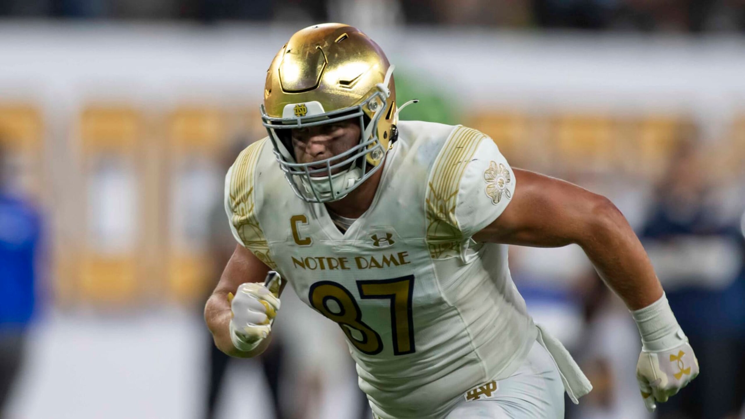 Notre Dame Fighting Irish tight end Michael Mayer (87) runs upfield on offense during an NCAA football game on Saturday, Oct. 8, 2022 in Las Vegas. (AP Photo/Tyler Tate)