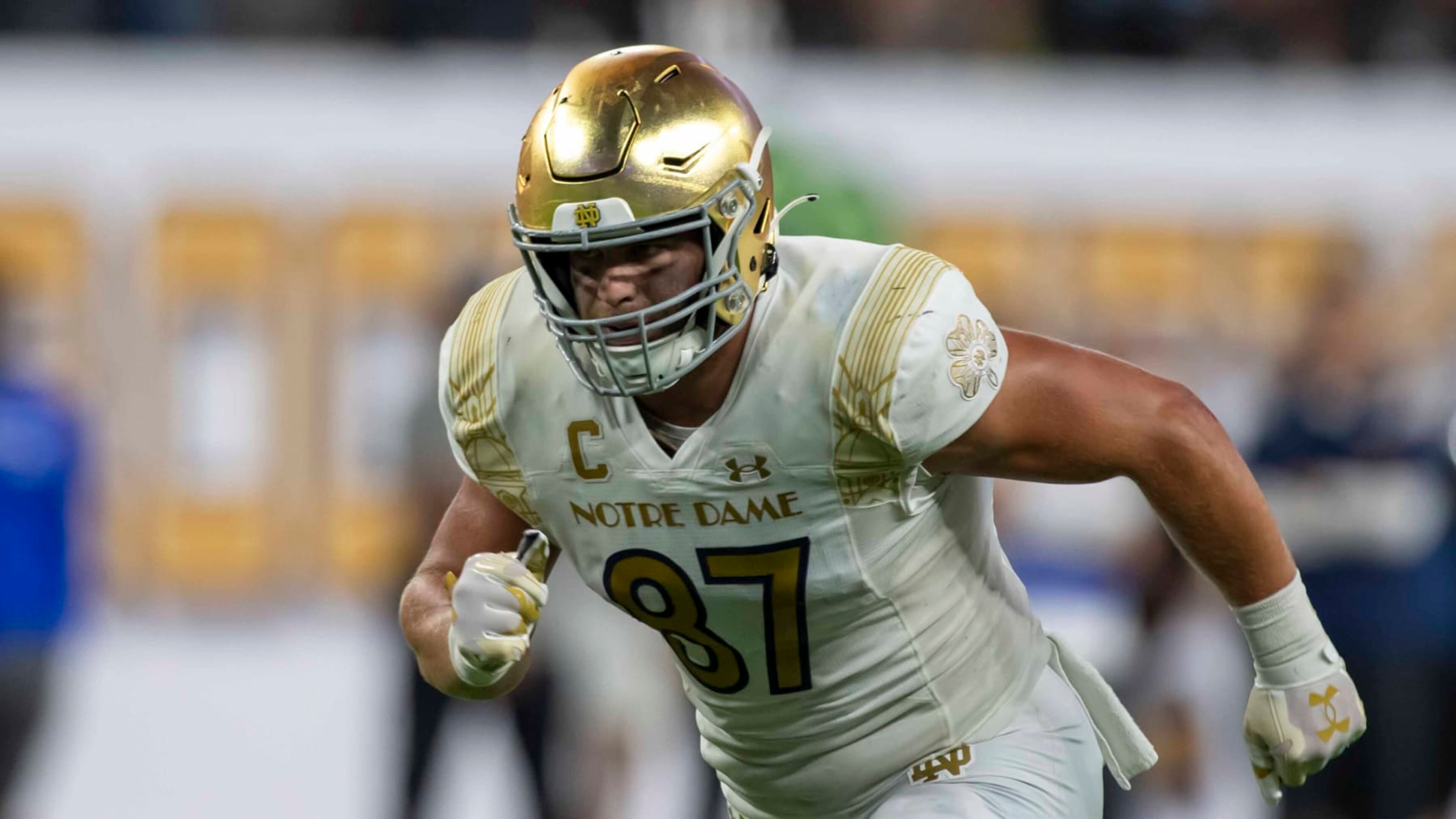 Notre Dame Fighting Irish tight end Michael Mayer (87) runs upfield on offense during an NCAA football game on Saturday, Oct. 8, 2022 in Las Vegas. (AP Photo/Tyler Tate)