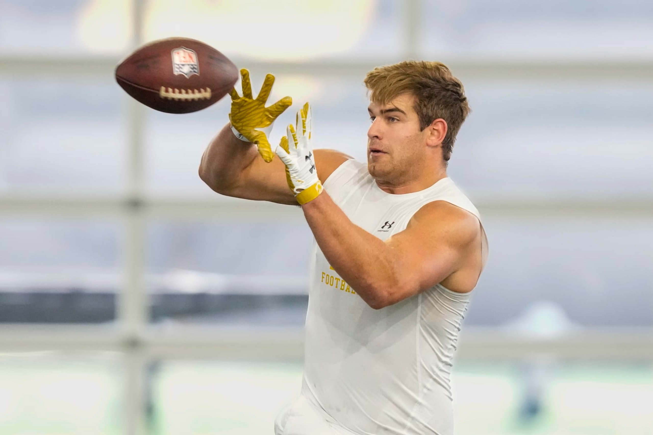 Tight end Michael Mayer runs a drill during Notre Dame's NFL football Pro Day in South Bend, Ind., Friday, March 24, 2023. (AP Photo/Charles Rex Arbogast)