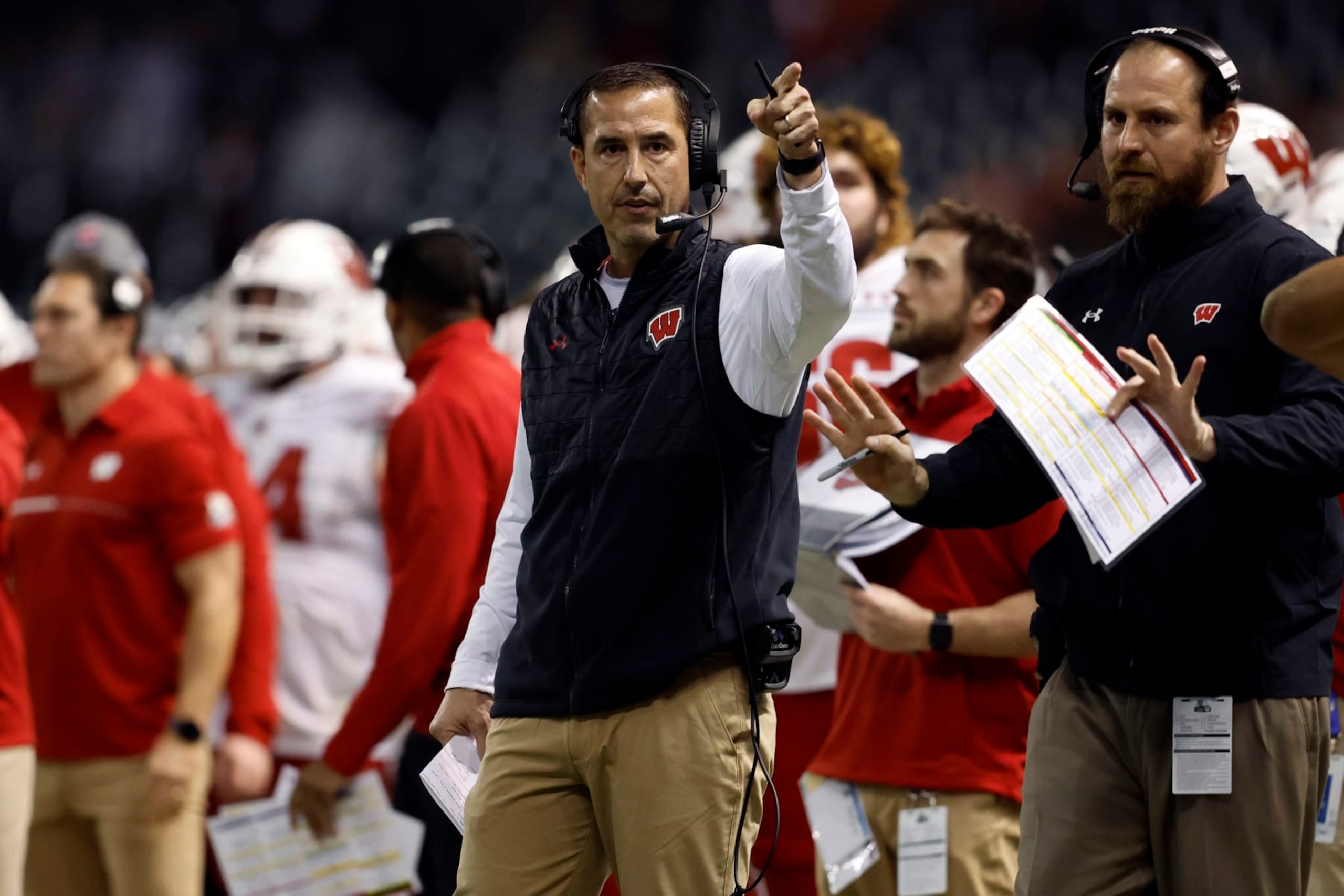 PHOENIX, ARIZONA - DECEMBER 27: Head coach Luke Fickell of the Wisconsin Badgers gestures during the second half of the Guaranteed Rate Bowl against the Oklahoma State Cowboys at Chase Field on December 27, 2022 in Phoenix, Arizona. The Badgers beat the Cowboys 24-17. (Photo by Chris Coduto/Getty Images)