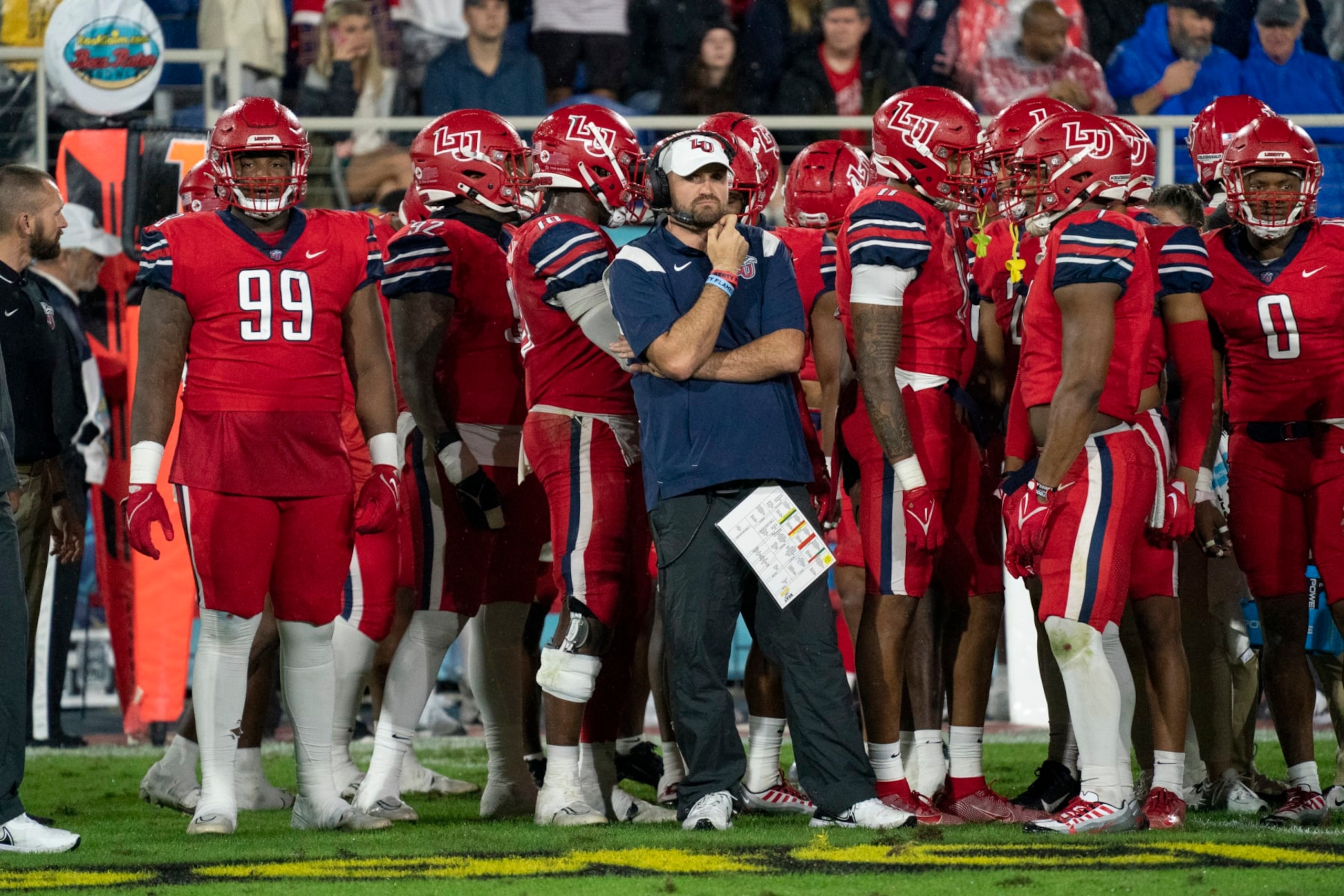 BOCA RATON, FL - DECEMBER 20: Head coach Jamey Chadwell of the Liberty Flames looks on during the RoofClaim.com Boca Raton Bowl between the Liberty Flames and the Toledo Rockets  at FAU Stadium in Boca Raton, FL on December 20th, 2022. (Photo by Jason Mowry/Icon Sportswire via Getty Images)