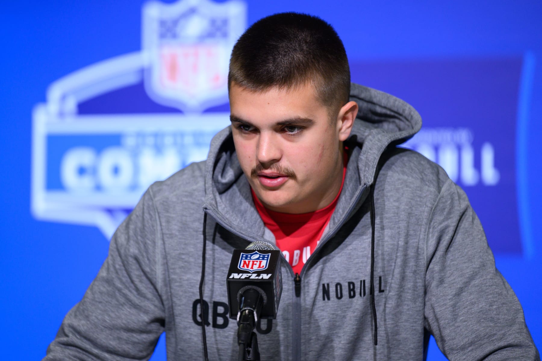 INDIANAPOLIS, IN - MARCH 03: Purdue quarterback Aidan O'Connell answers questions from the media during the NFL Scouting Combine on March 3, 2023, at the Indiana Convention Center in Indianapolis, IN. (Photo by Zach Bolinger/Icon Sportswire via Getty Images)