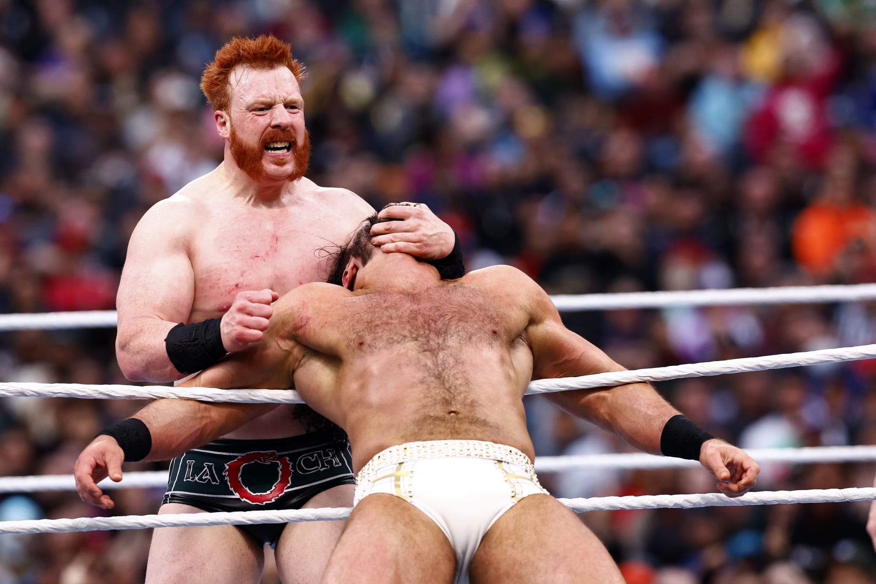 INGLEWOOD, CALIFORNIA - APRIL 02:  Sheamus wrestles Drew McIntyre in triple threat for the WWE Intercontinental Title during WrestleMania Goes Hollywood at SoFi Stadium on April 02, 2023 in Inglewood, California. (Photo by Ronald Martinez/Getty Images)