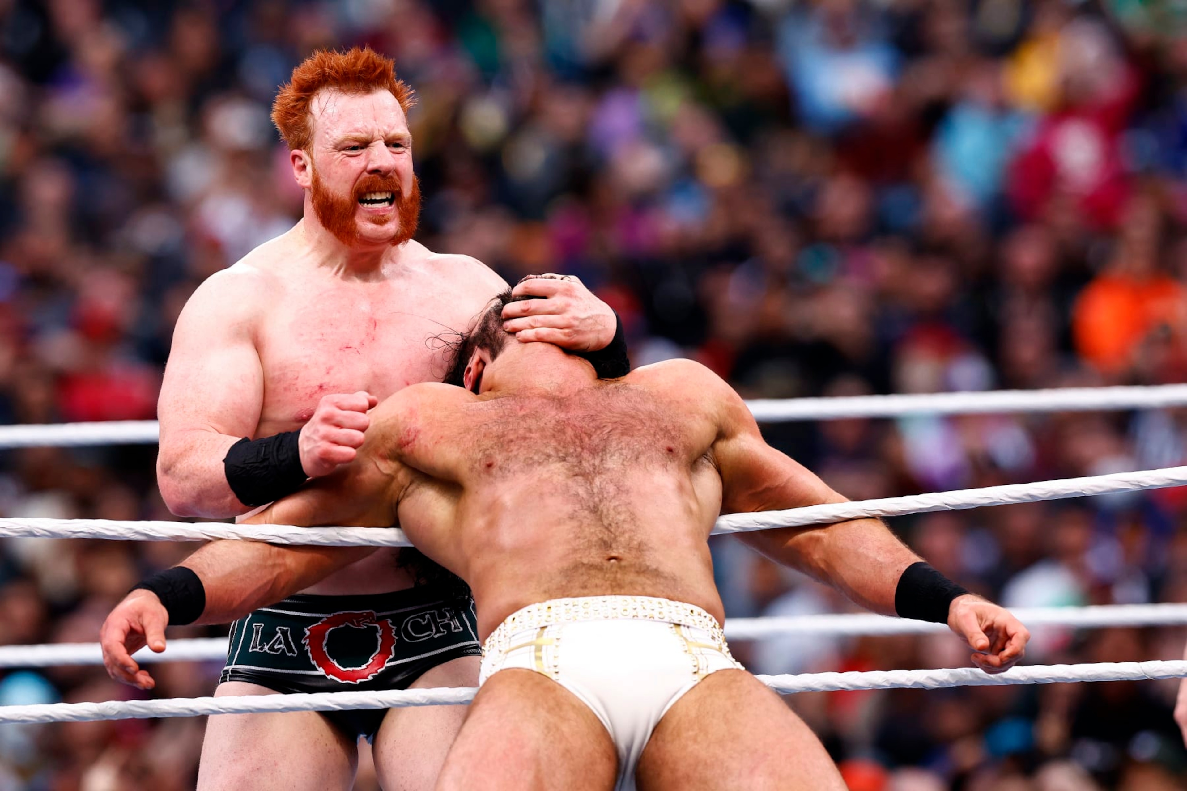 INGLEWOOD, CALIFORNIA - APRIL 02:  Sheamus wrestles Drew McIntyre in triple threat for the WWE Intercontinental Title during WrestleMania Goes Hollywood at SoFi Stadium on April 02, 2023 in Inglewood, California. (Photo by Ronald Martinez/Getty Images)